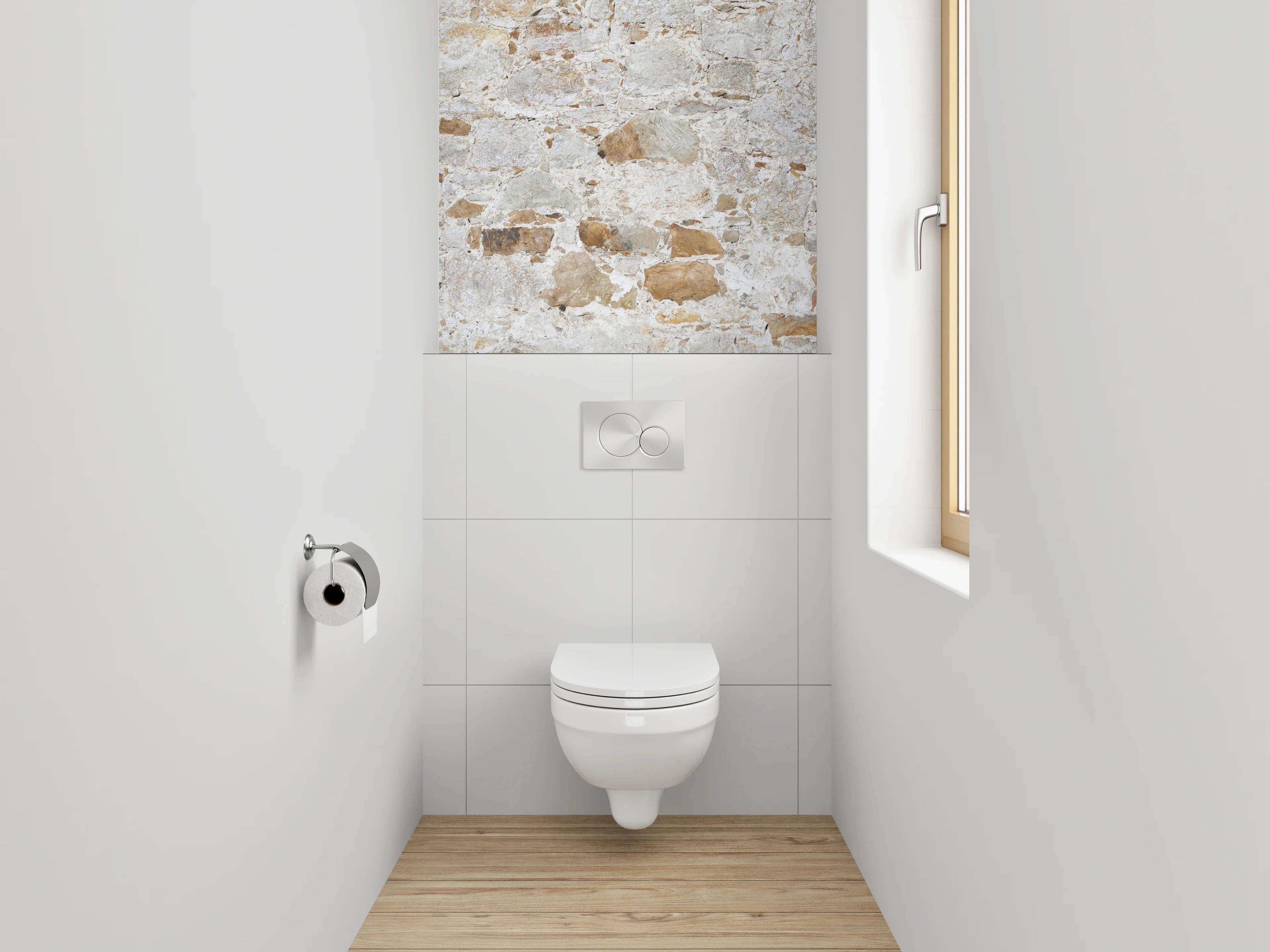 WC-Rückwand - Weiße Natursteinmauer für stilvolles Ambiente