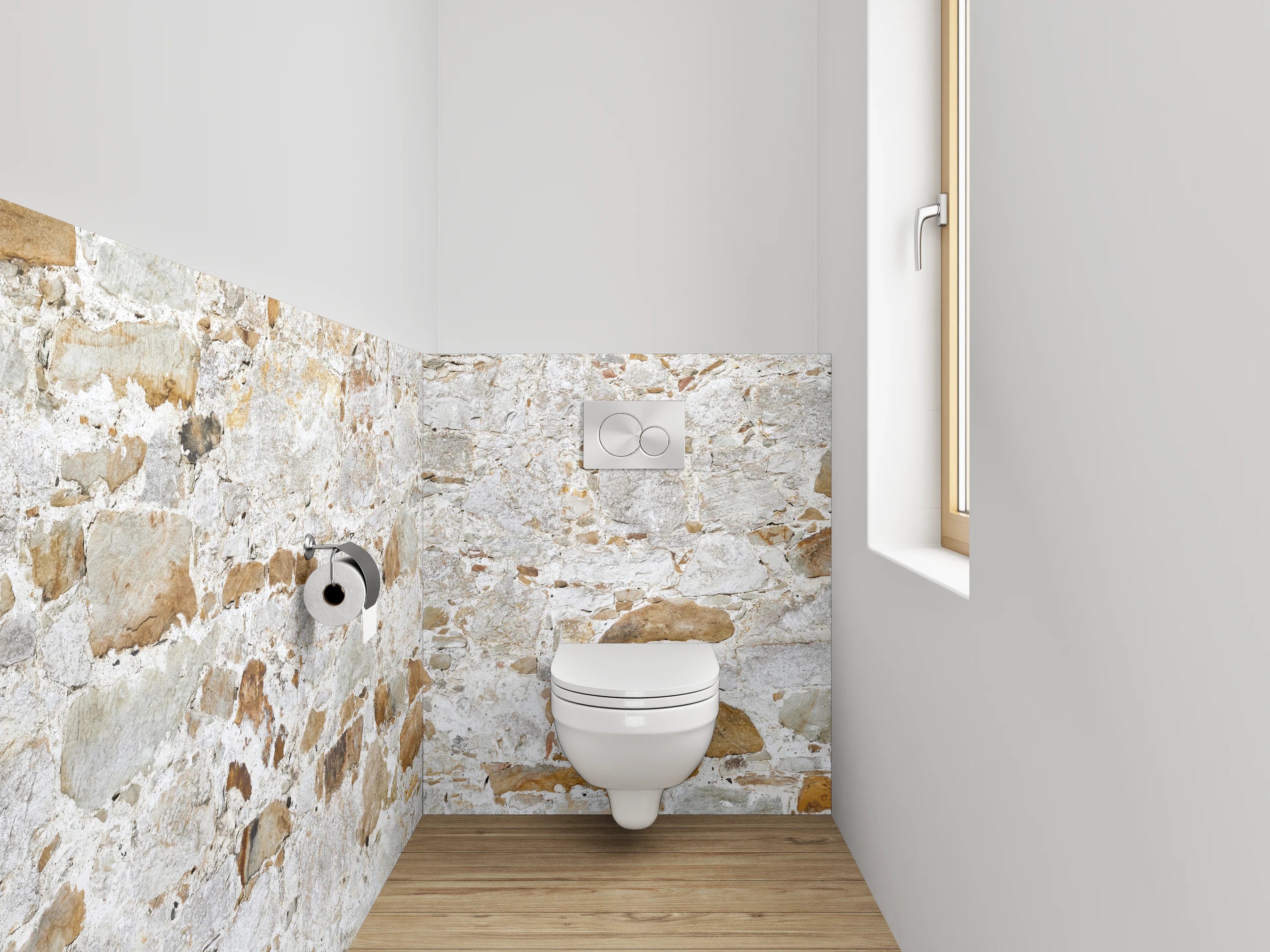 WC-Rückwand - Weiße Natursteinmauer für stilvolles Ambiente
