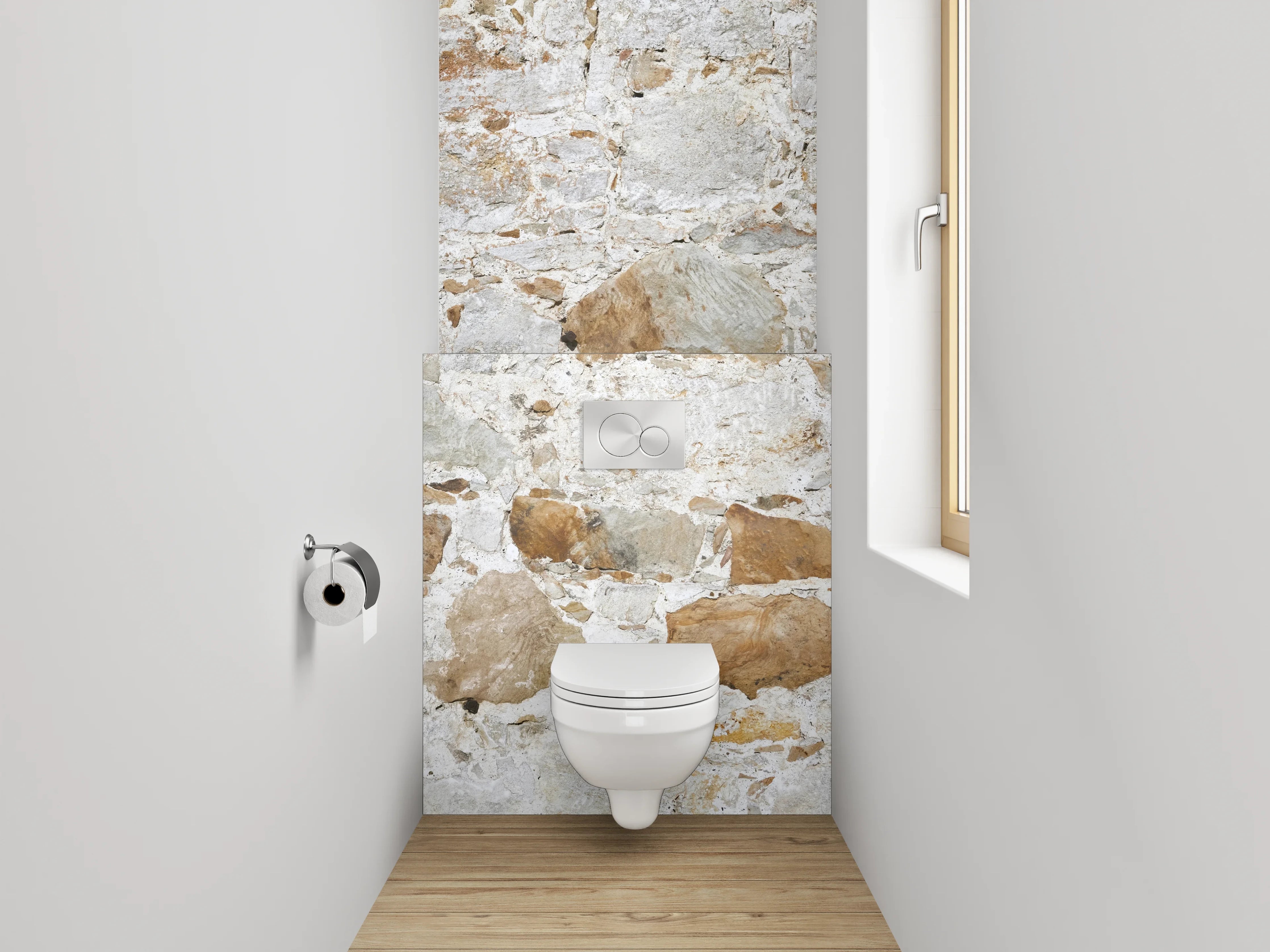 WC-Rückwand - Weiße Natursteinmauer für stilvolles Ambiente