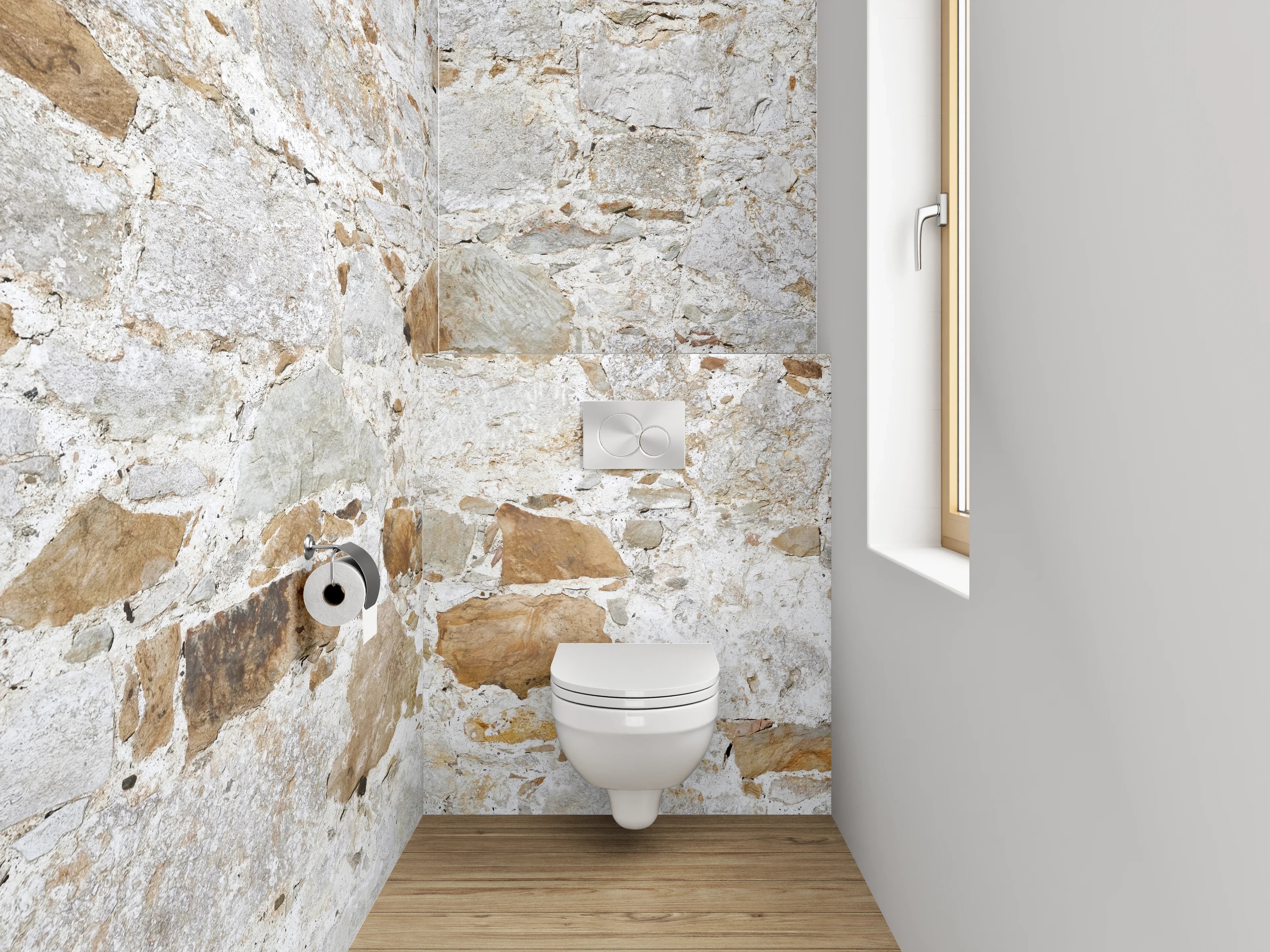 WC-Rückwand - Weiße Natursteinmauer für stilvolles Ambiente