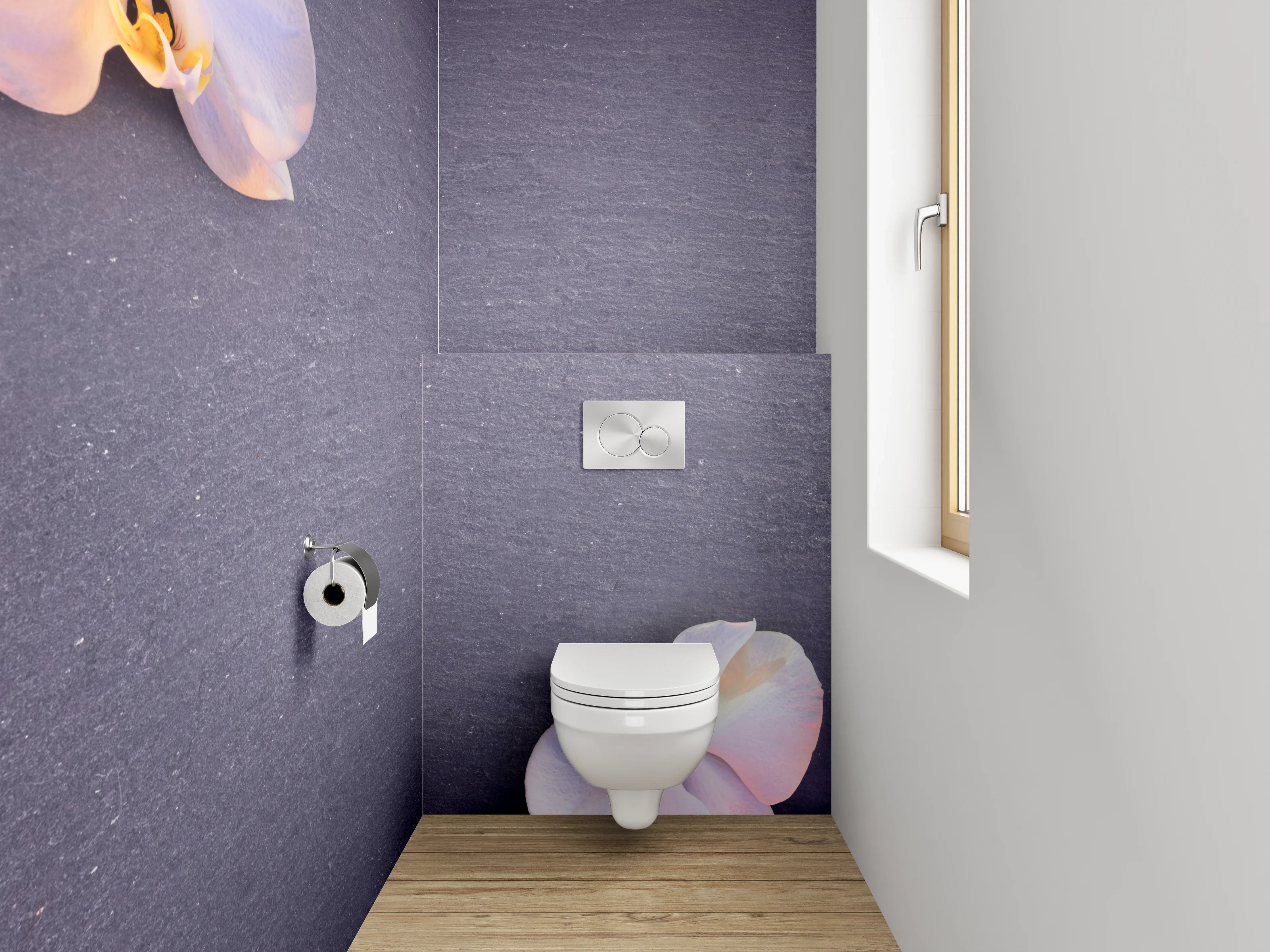 WC-Rückwand - Weiße Orchideen mit Stabmixer und Steinen