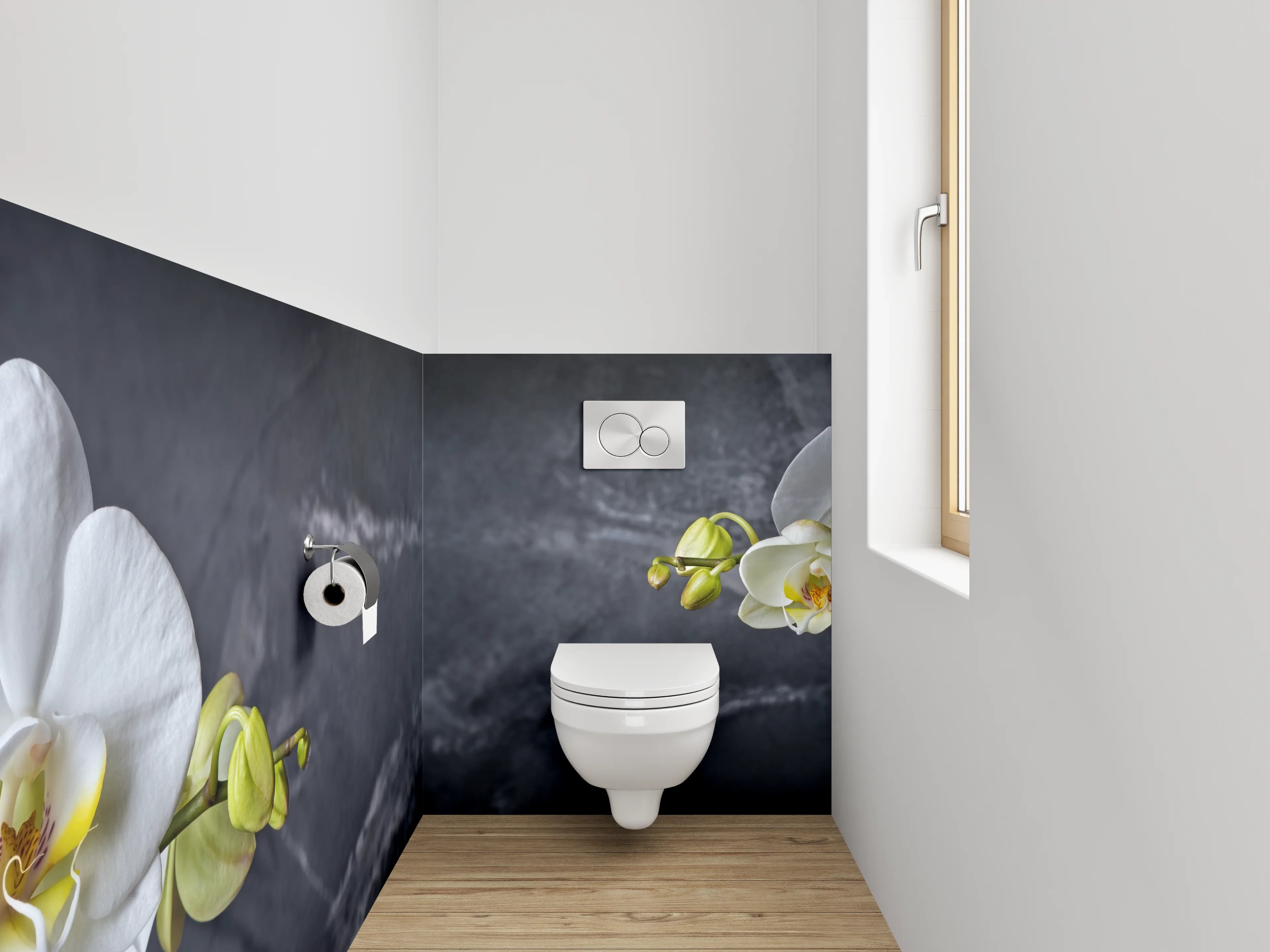 WC-Rückwand - Weiße Orchideen vor Marmoroptik