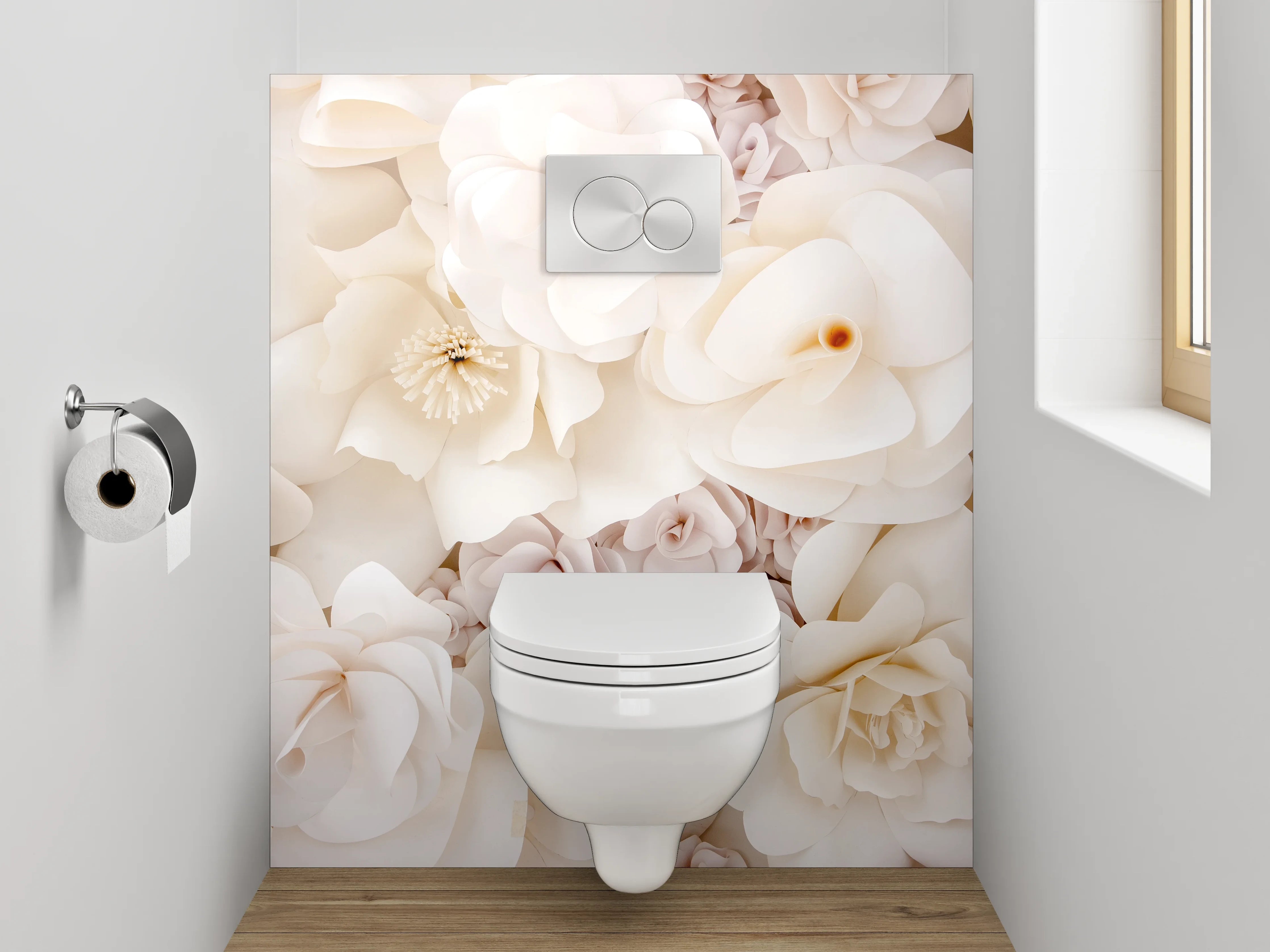 WC-Rückwand - Weiße Papierblumen Deko Wand