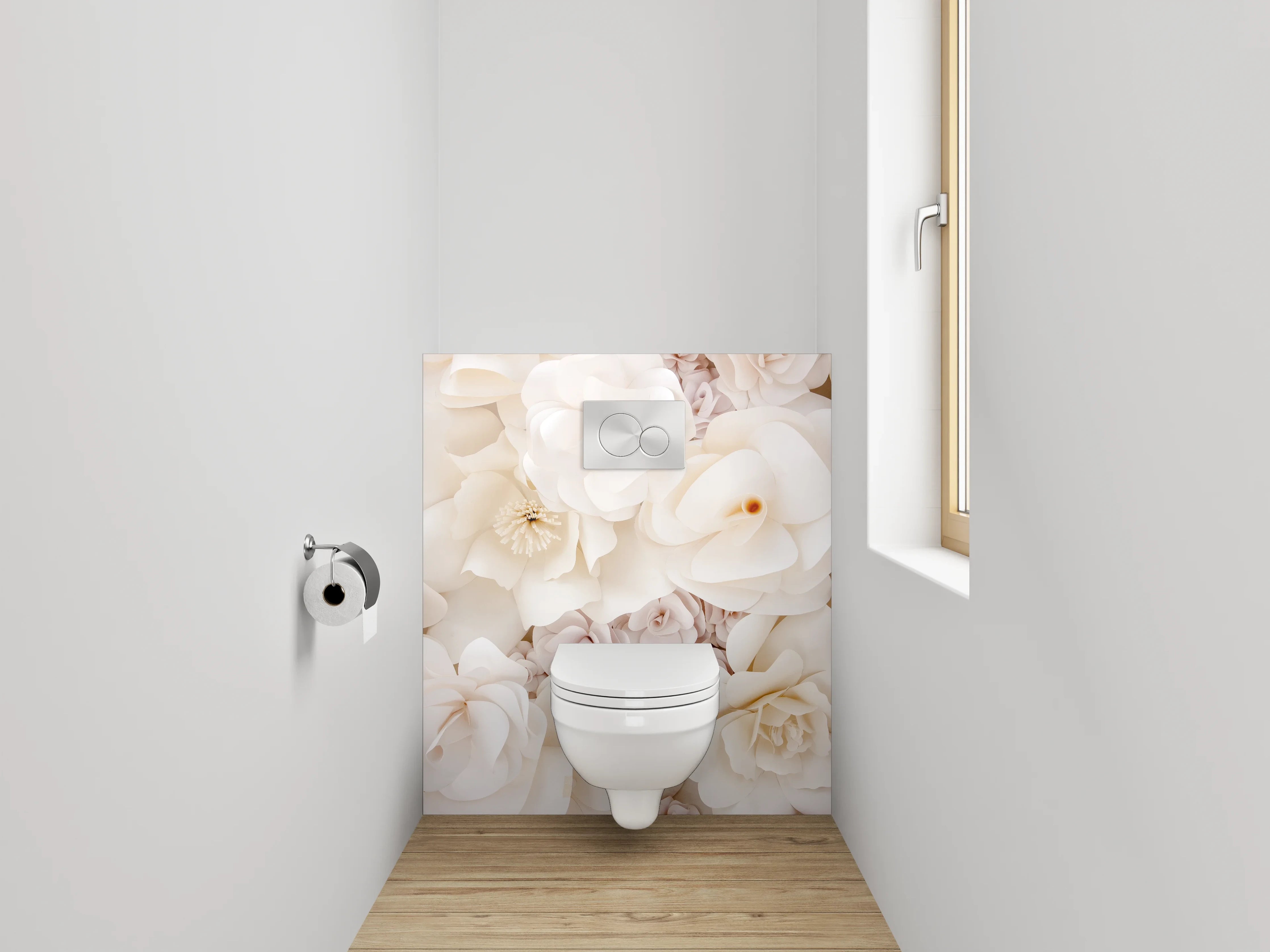 WC-Rückwand - Weiße Papierblumen Deko Wand