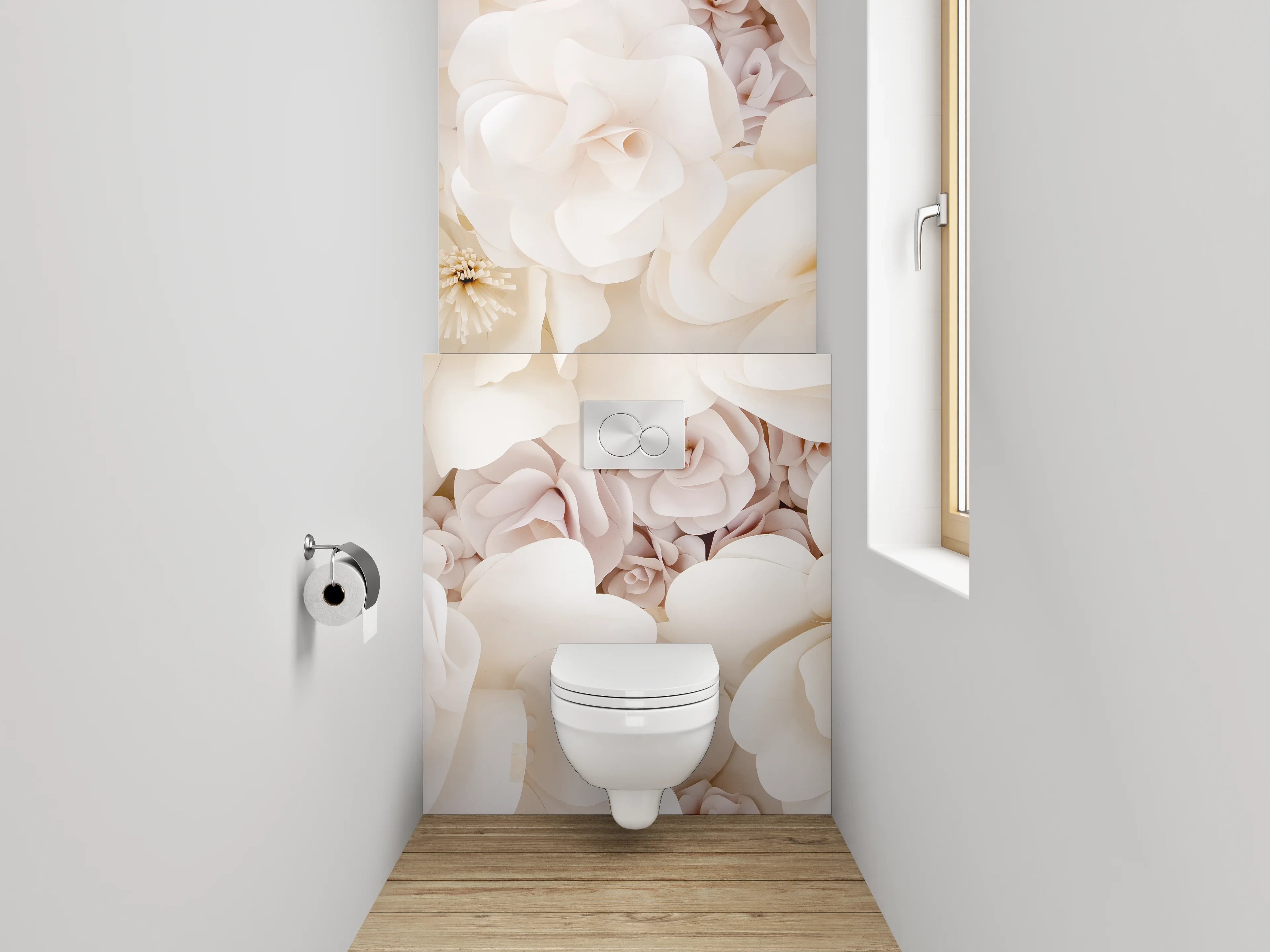 WC-Rückwand - Weiße Papierblumen Deko Wand
