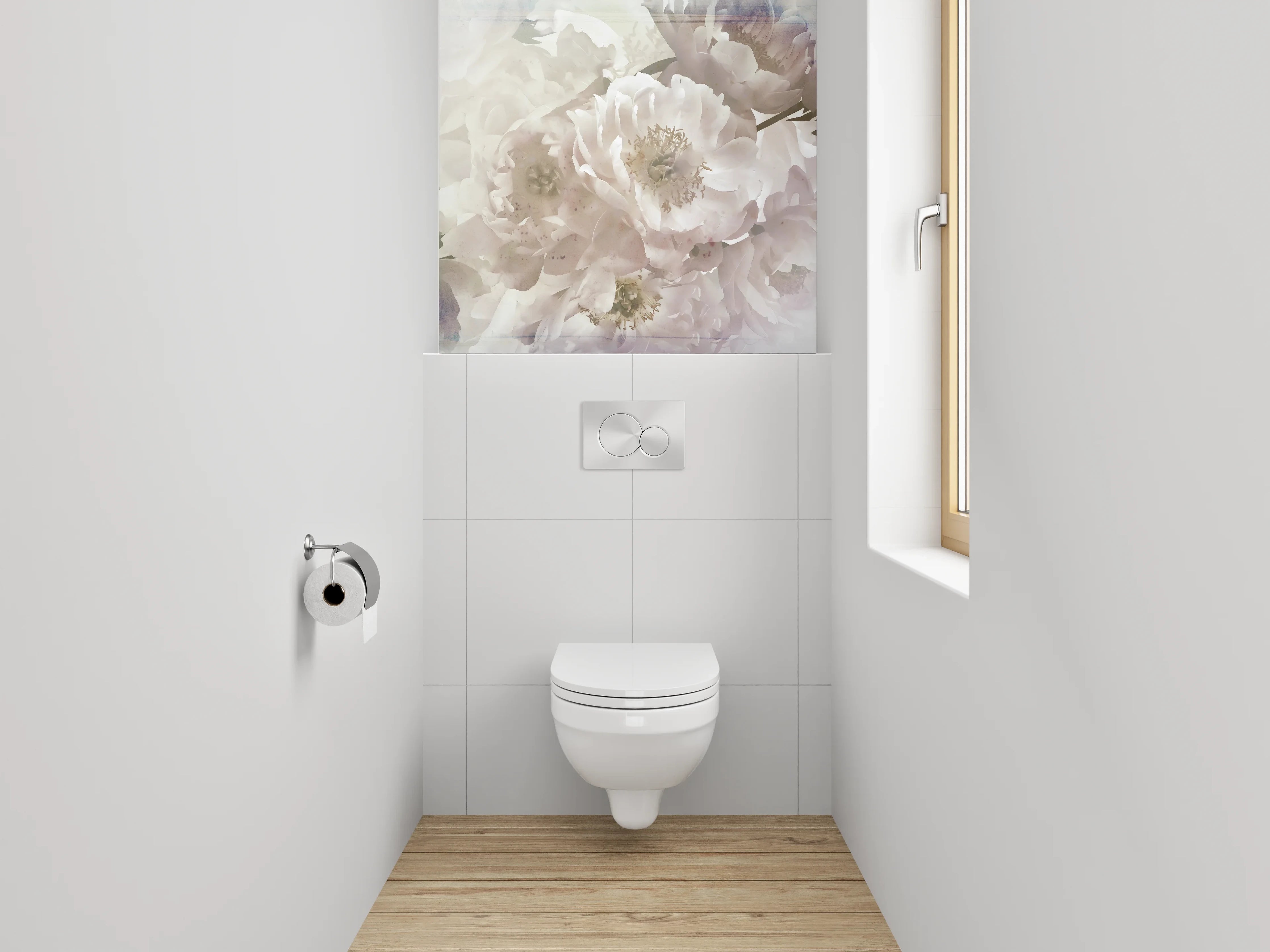 WC-Rückwand - Weiße Pfingstrosen Blüten Aquarell