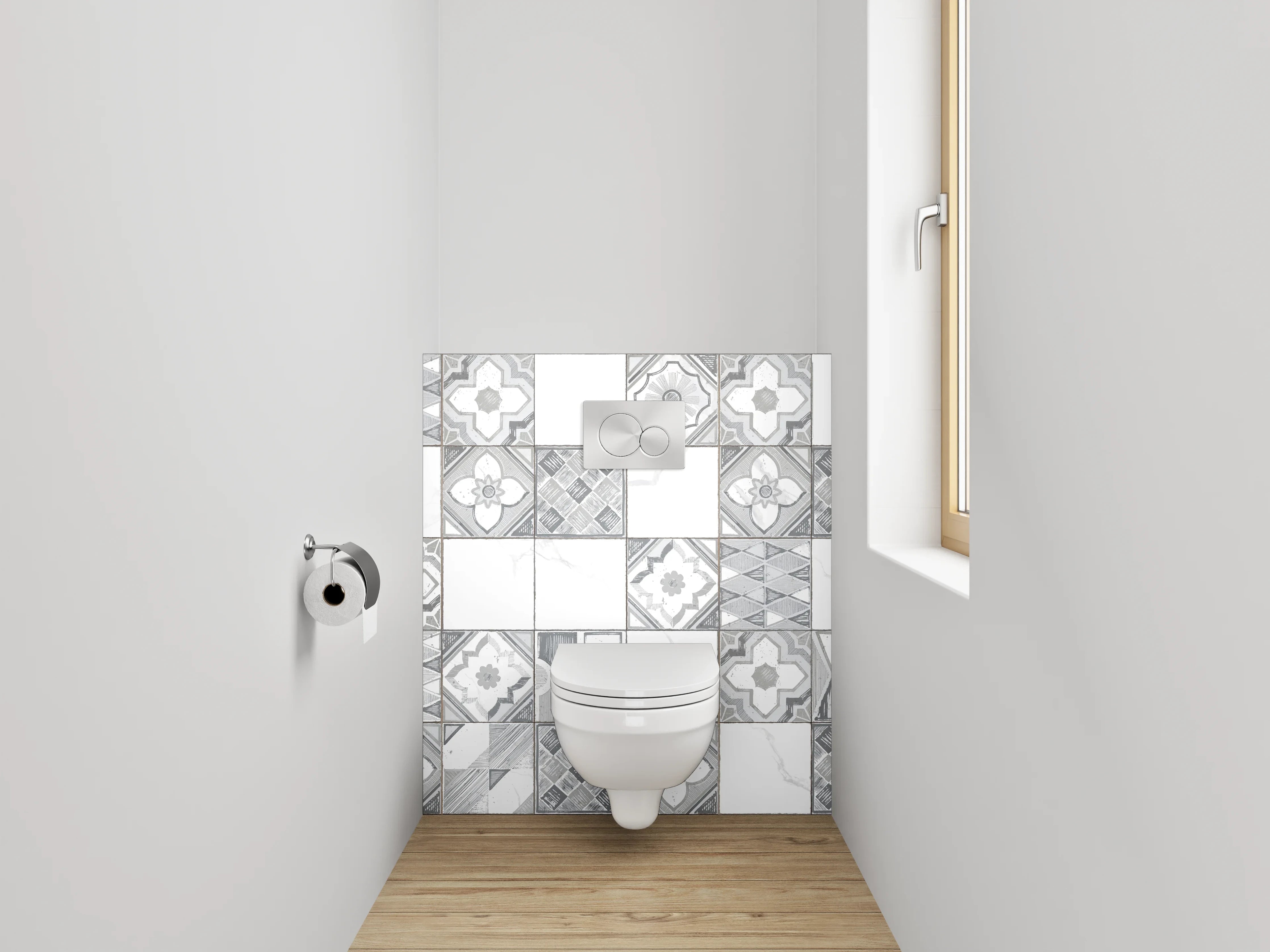 WC-Rückwand - Weiße Retro-Fliesen mit Muster Grau