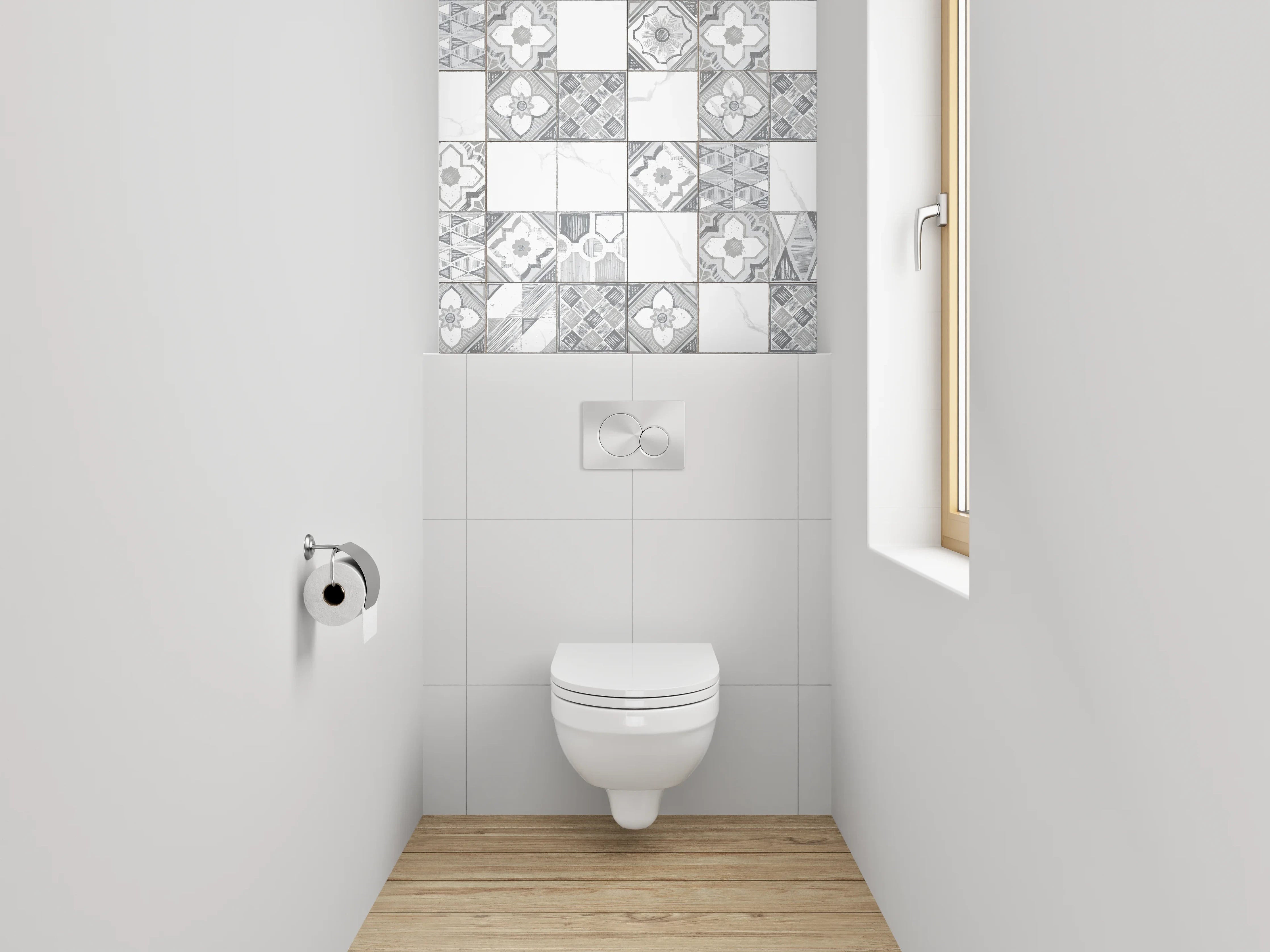 WC-Rückwand - Weiße Retro-Fliesen mit Muster Grau