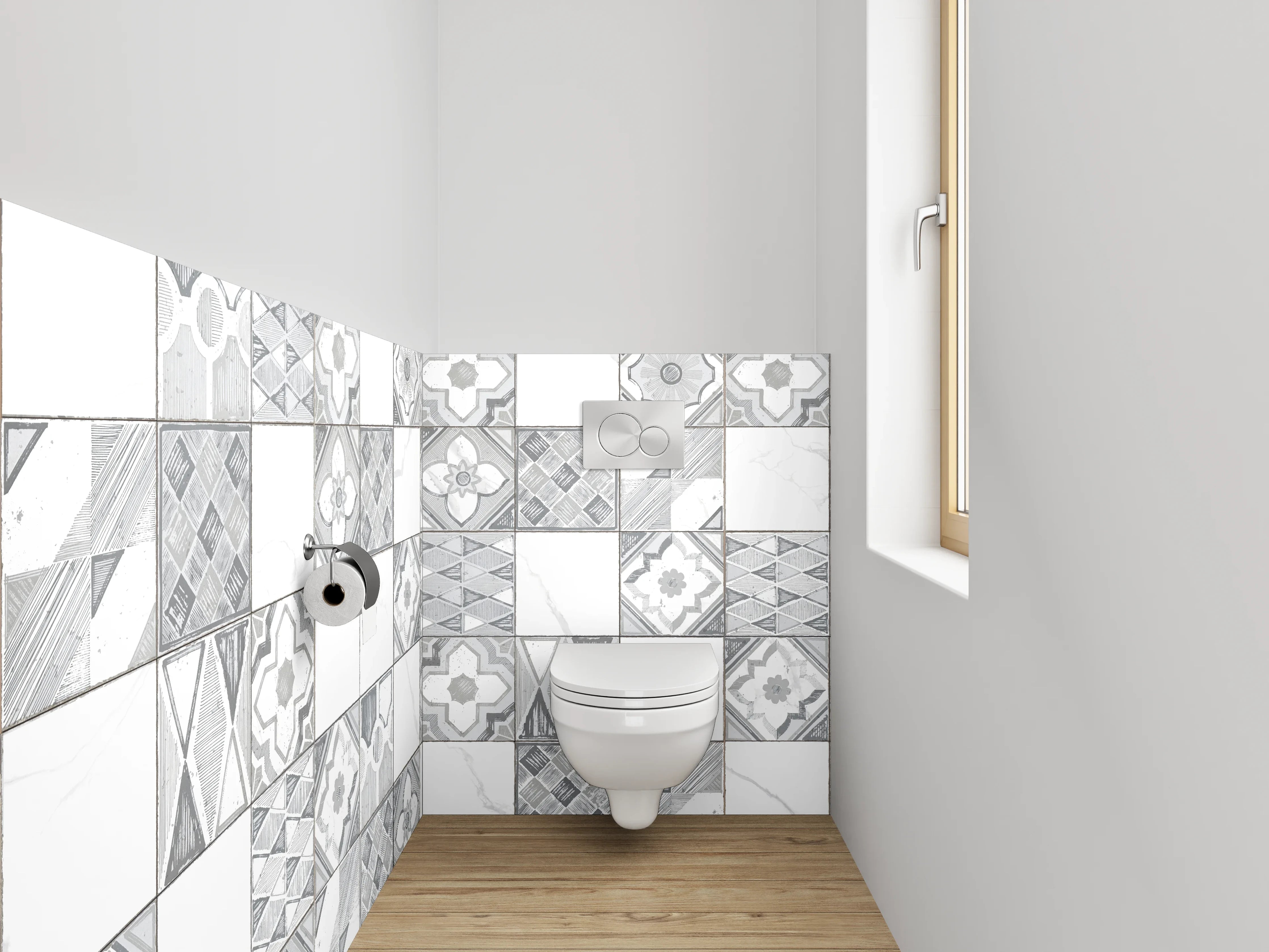WC-Rückwand - Weiße Retro-Fliesen mit Muster Grau