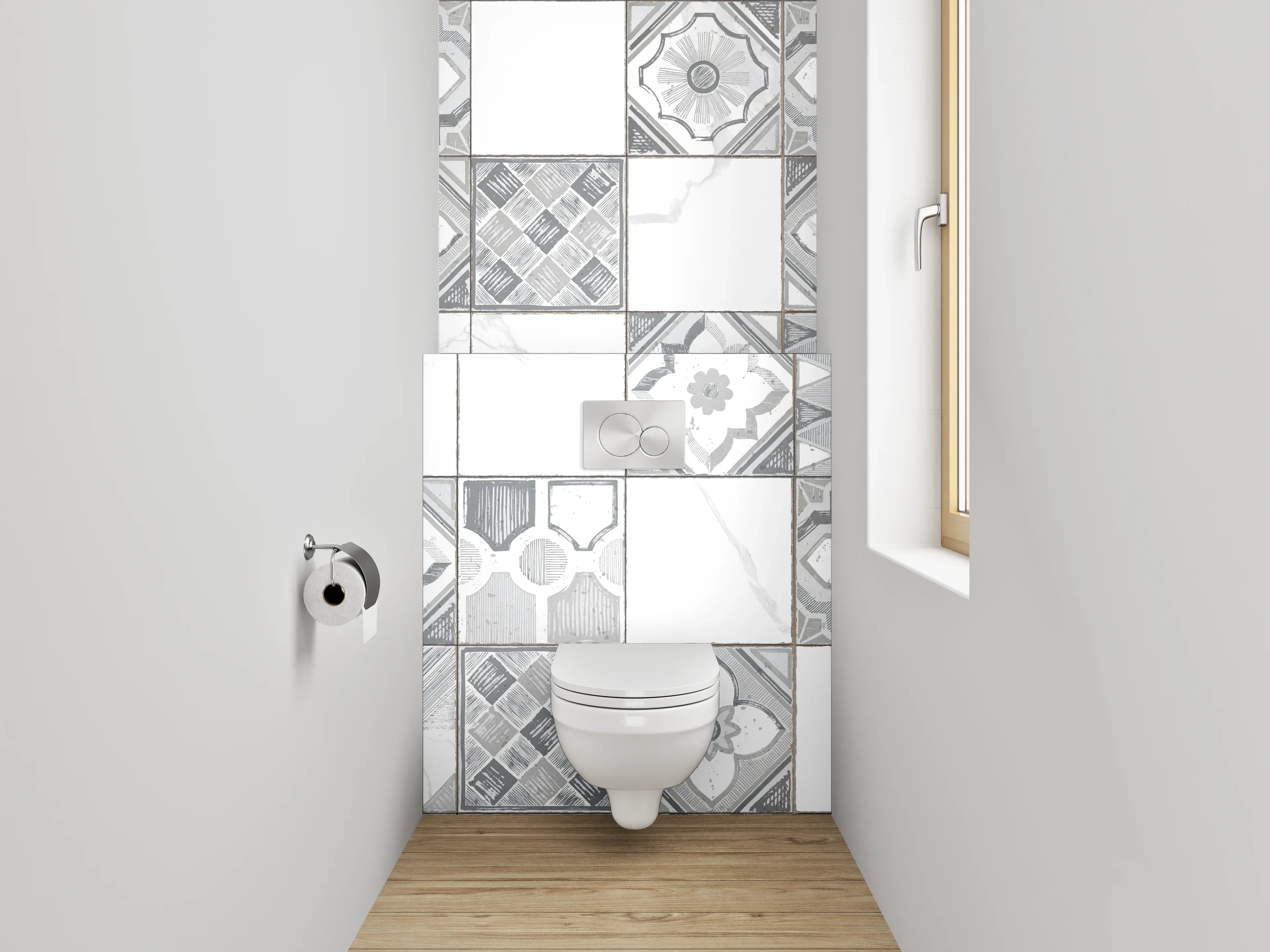 WC-Rückwand - Weiße Retro-Fliesen mit Muster Grau