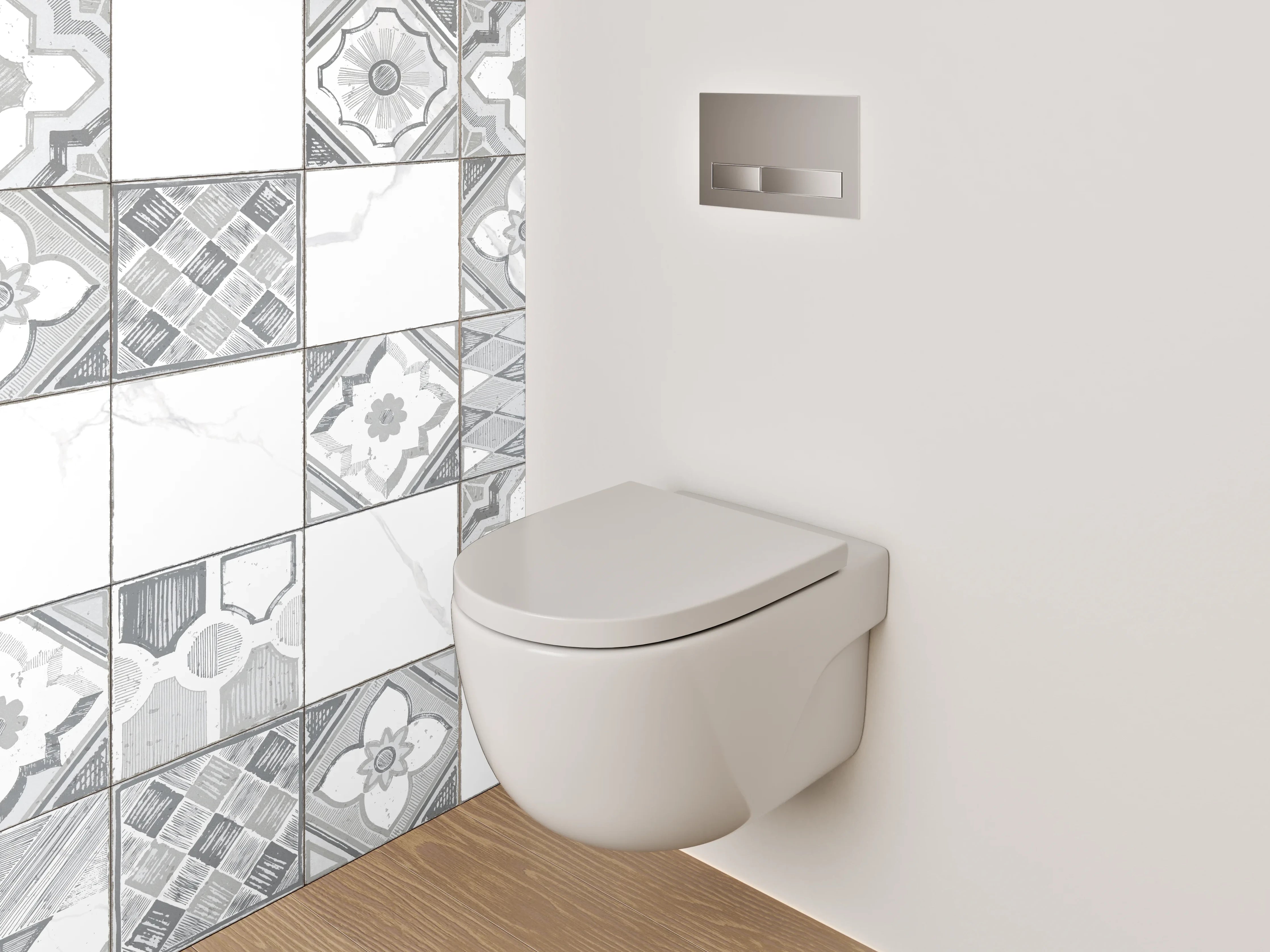 WC-Rückwand - Weiße Retro-Fliesen mit Muster Grau