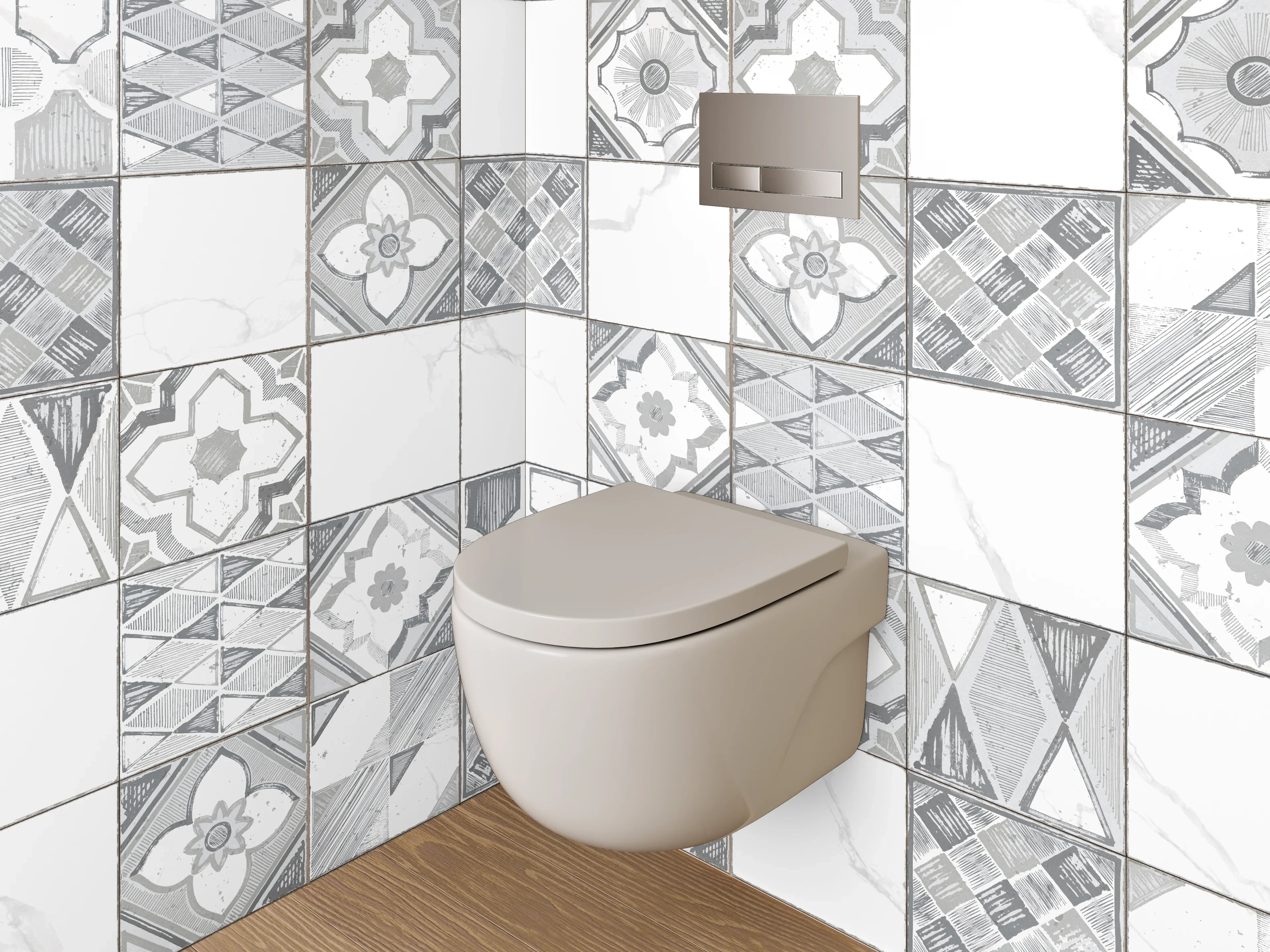 WC-Rückwand - Weiße Retro-Fliesen mit Muster Grau