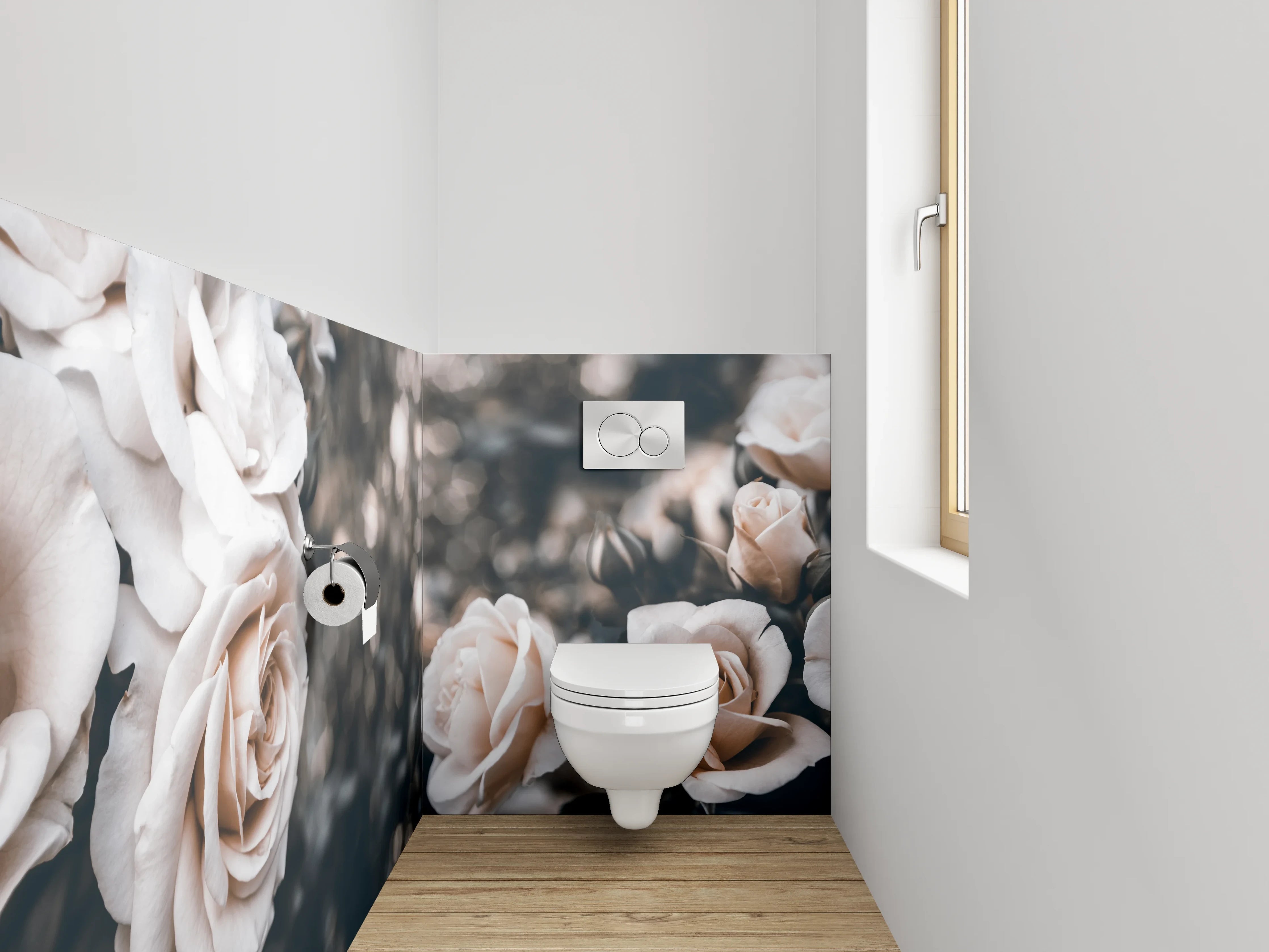 WC-Rückwand - Weiße Rosen im dunklen Hintergrund