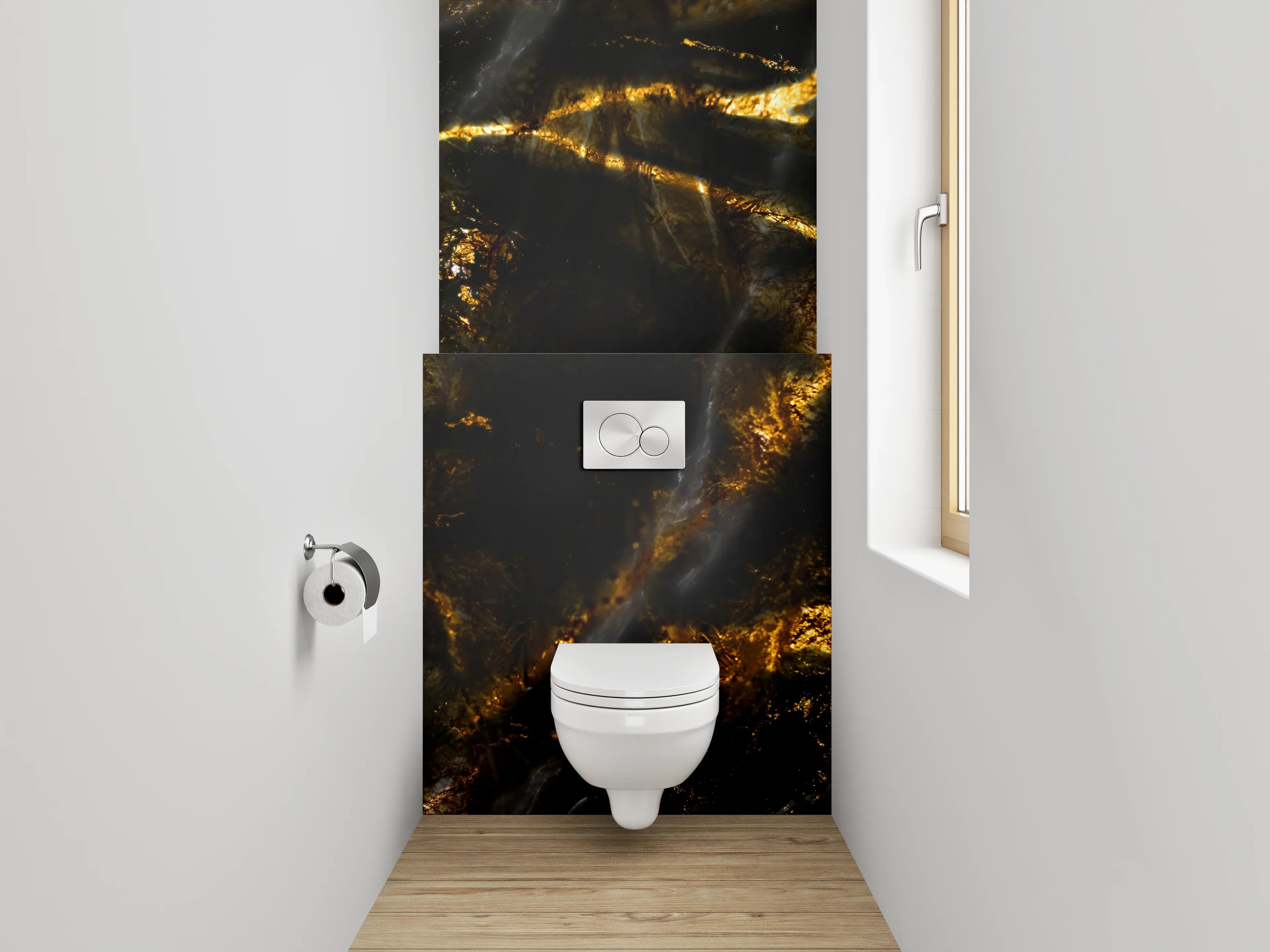 WC-Rückwand - Weiße Silhouetten auf grauschwarzem Gold