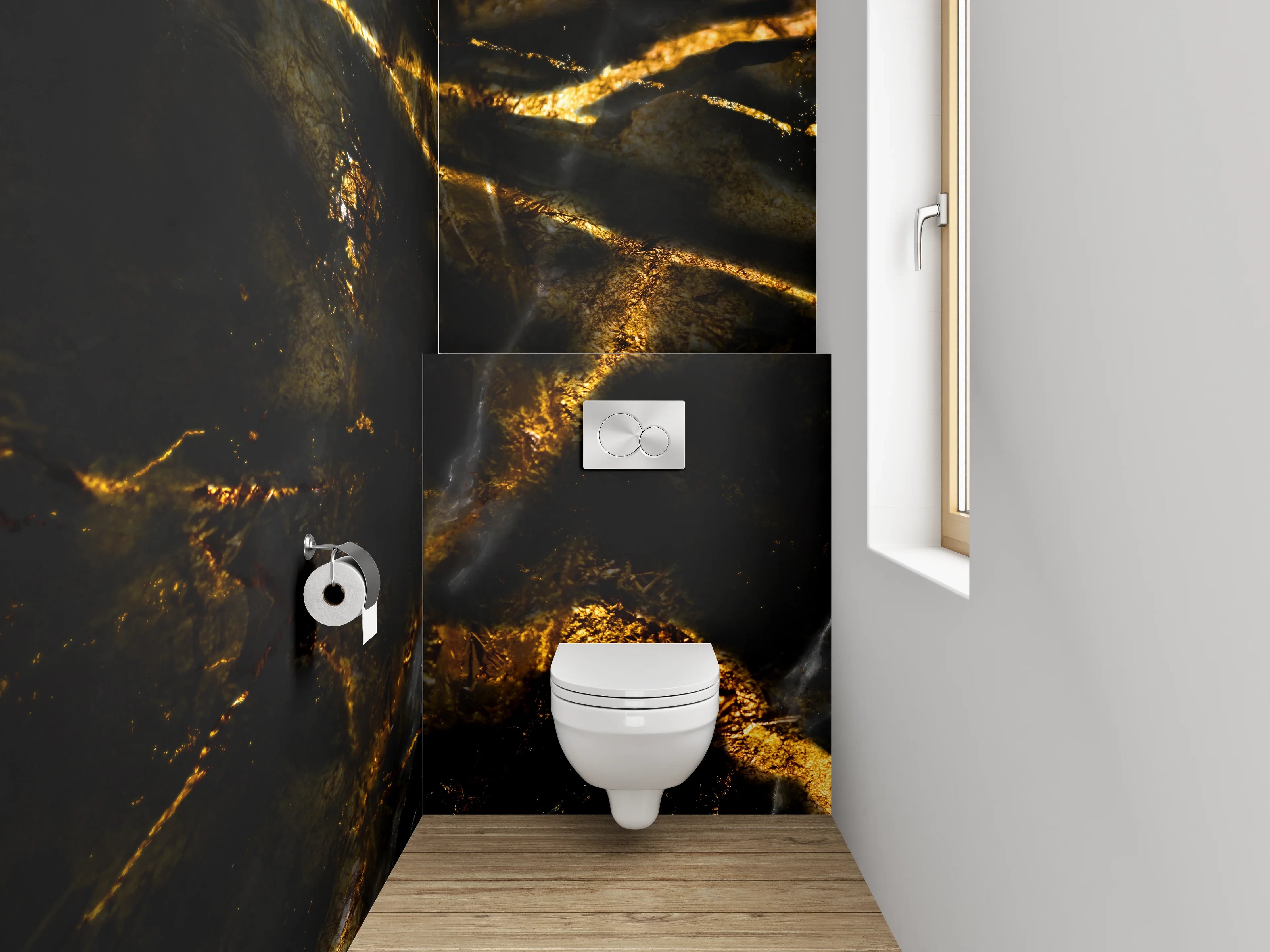WC-Rückwand - Weiße Silhouetten auf grauschwarzem Gold