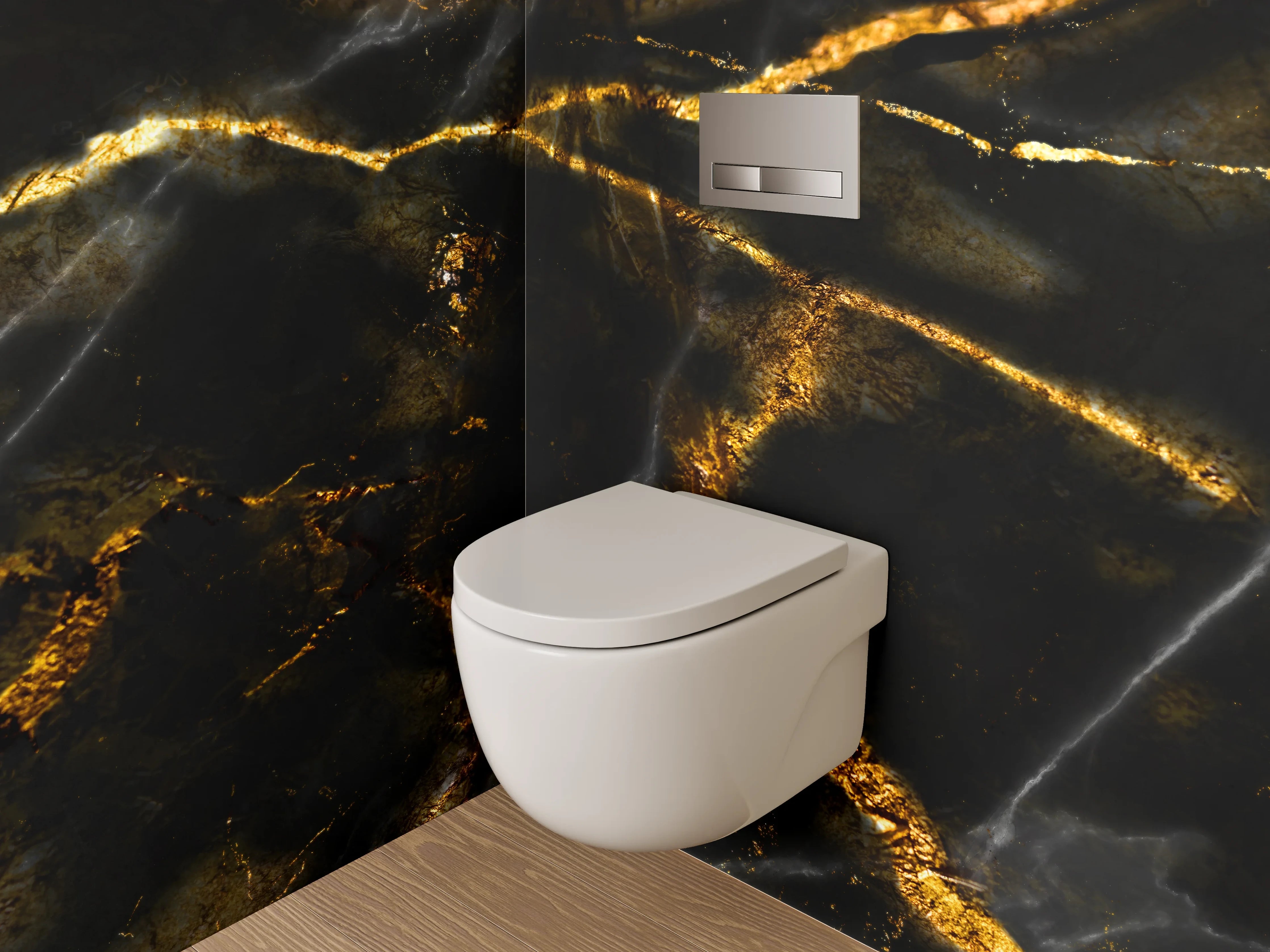 WC-Rückwand - Weiße Silhouetten auf grauschwarzem Gold