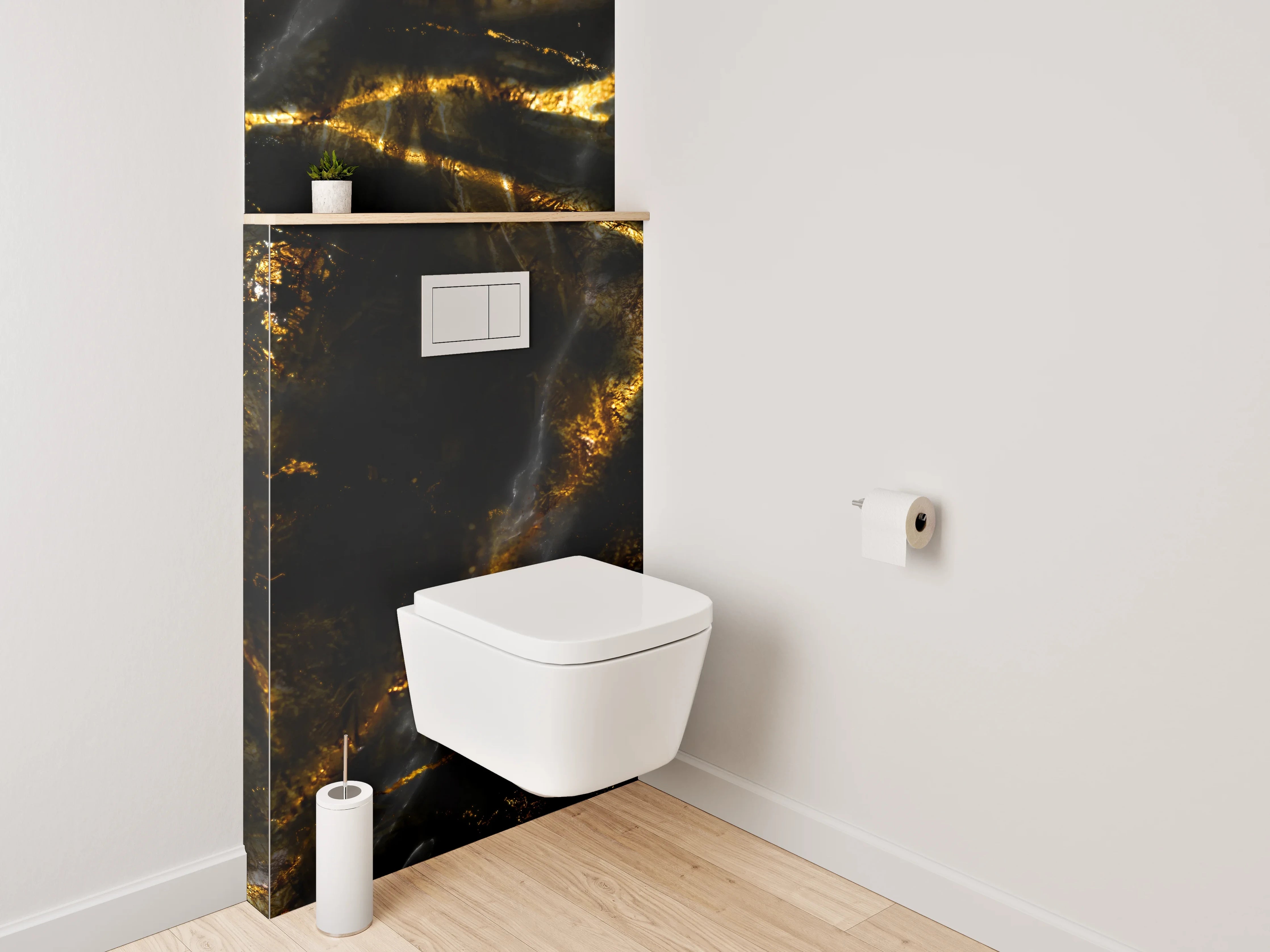 WC-Rückwand - Weiße Silhouetten auf grauschwarzem Gold