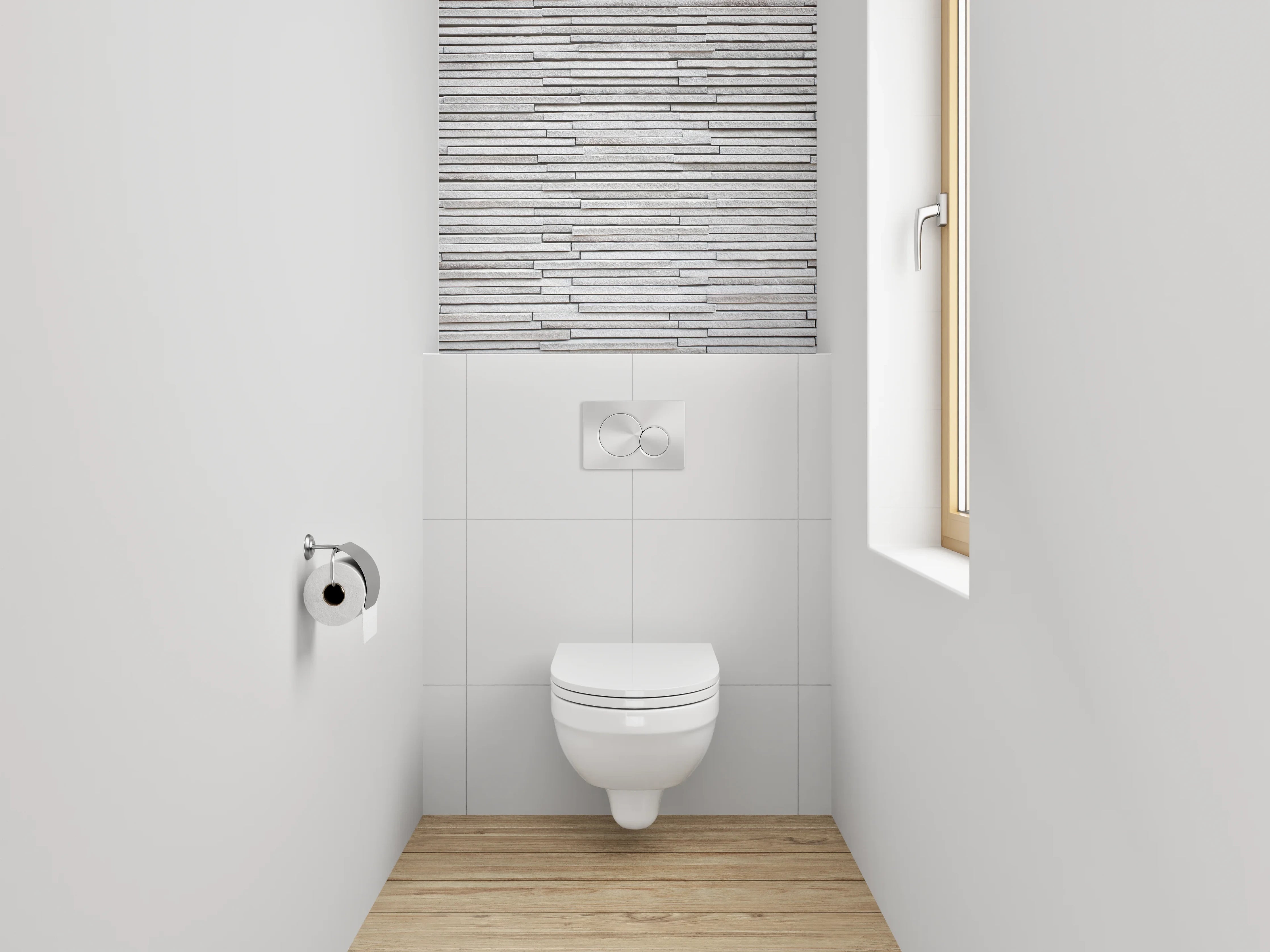 WC-Rückwand - Weiße Steinwand mit grauen Akzenten