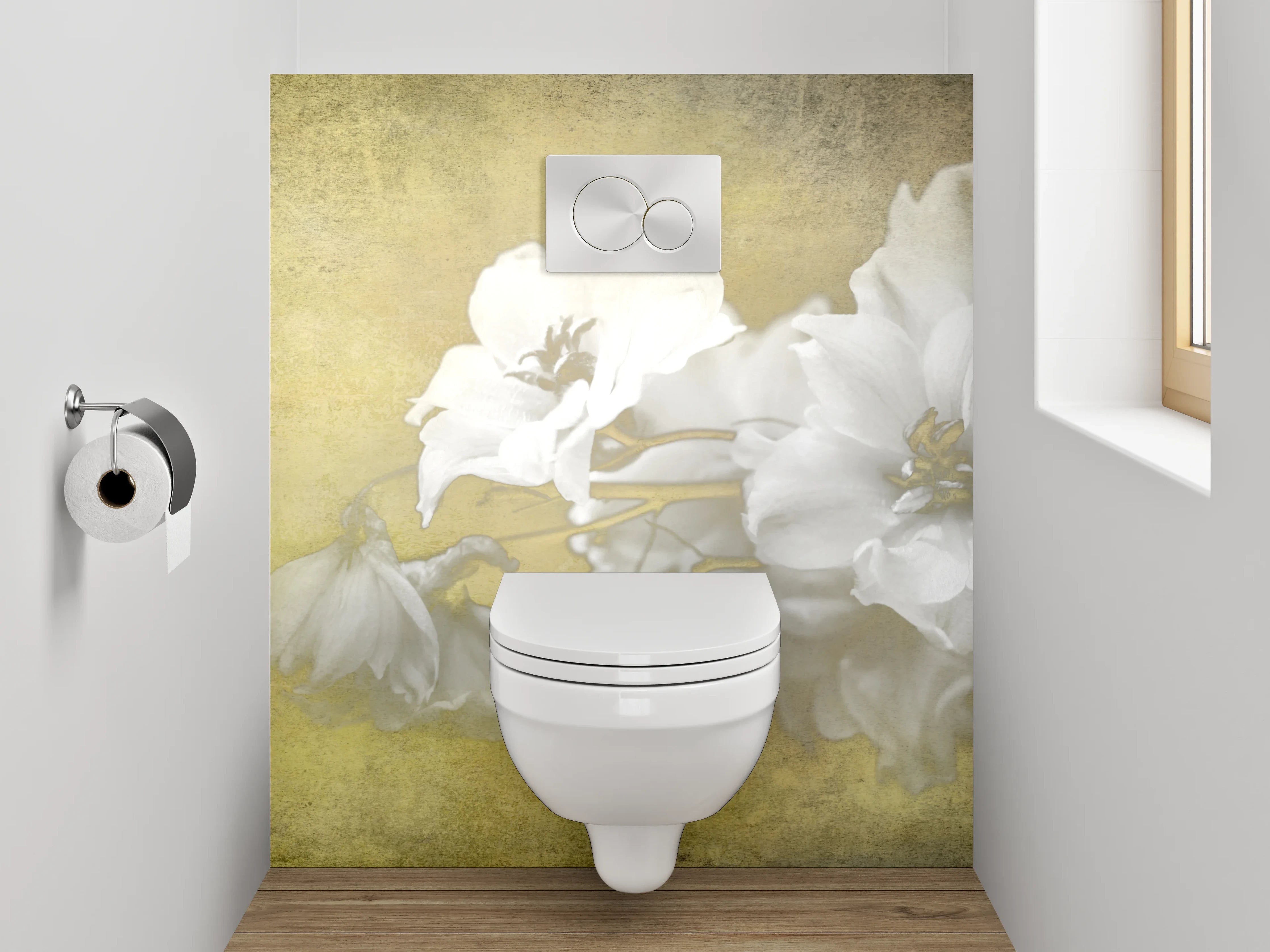 WC-Rückwand - Weiße Vintage-Blume auf sanftem Gelb