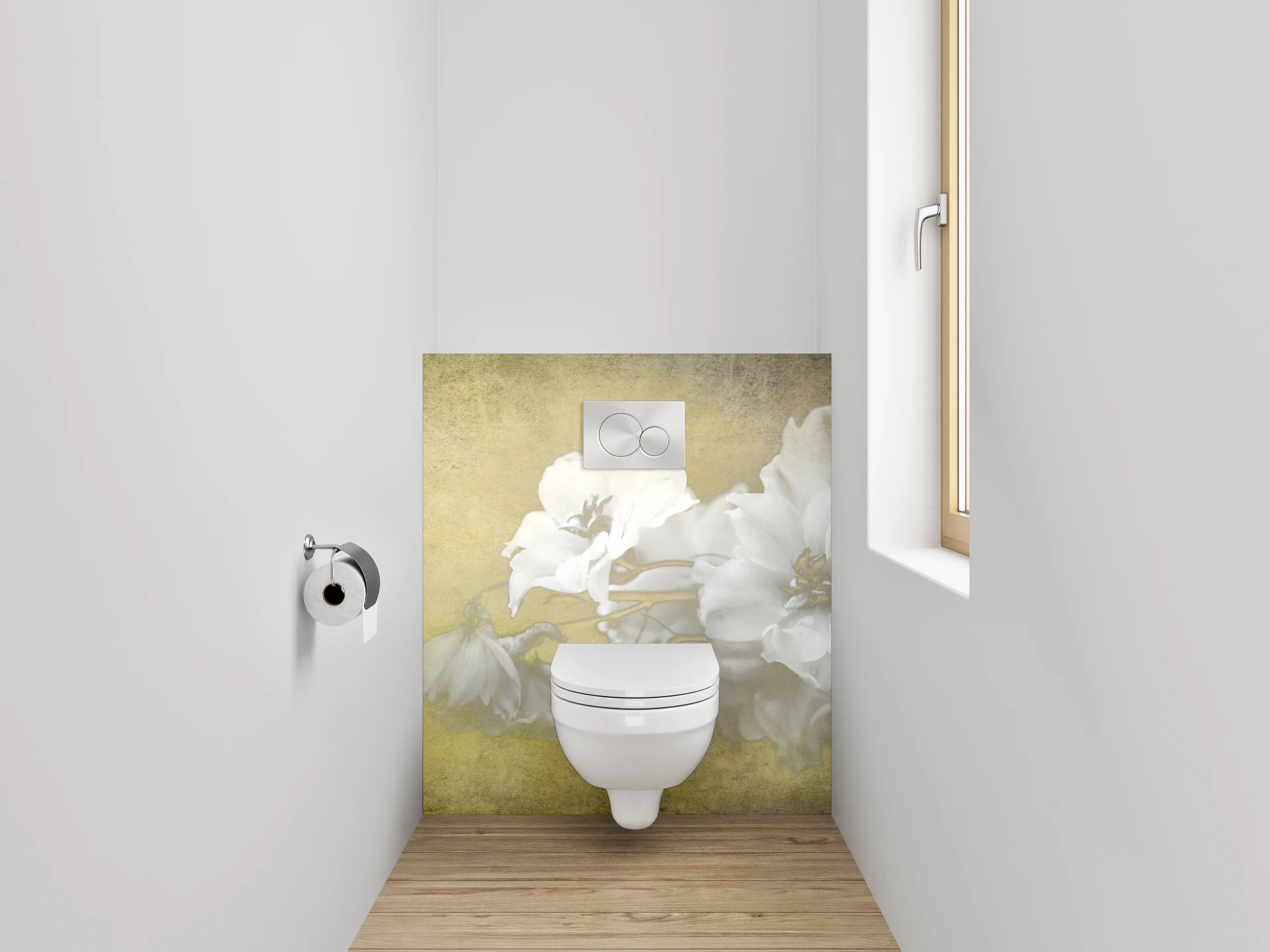 WC-Rückwand - Weiße Vintage-Blume auf sanftem Gelb