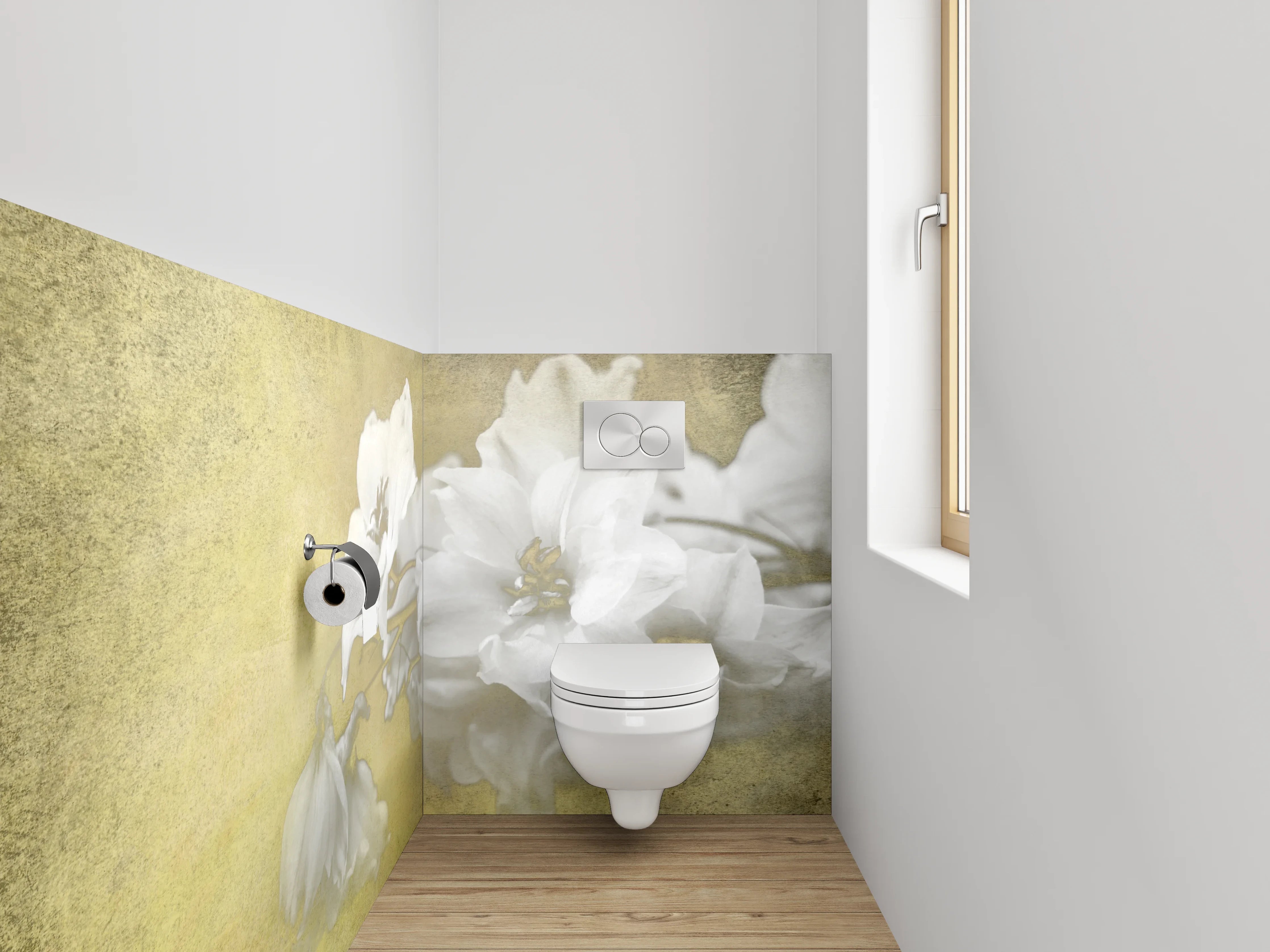 WC-Rückwand - Weiße Vintage-Blume auf sanftem Gelb