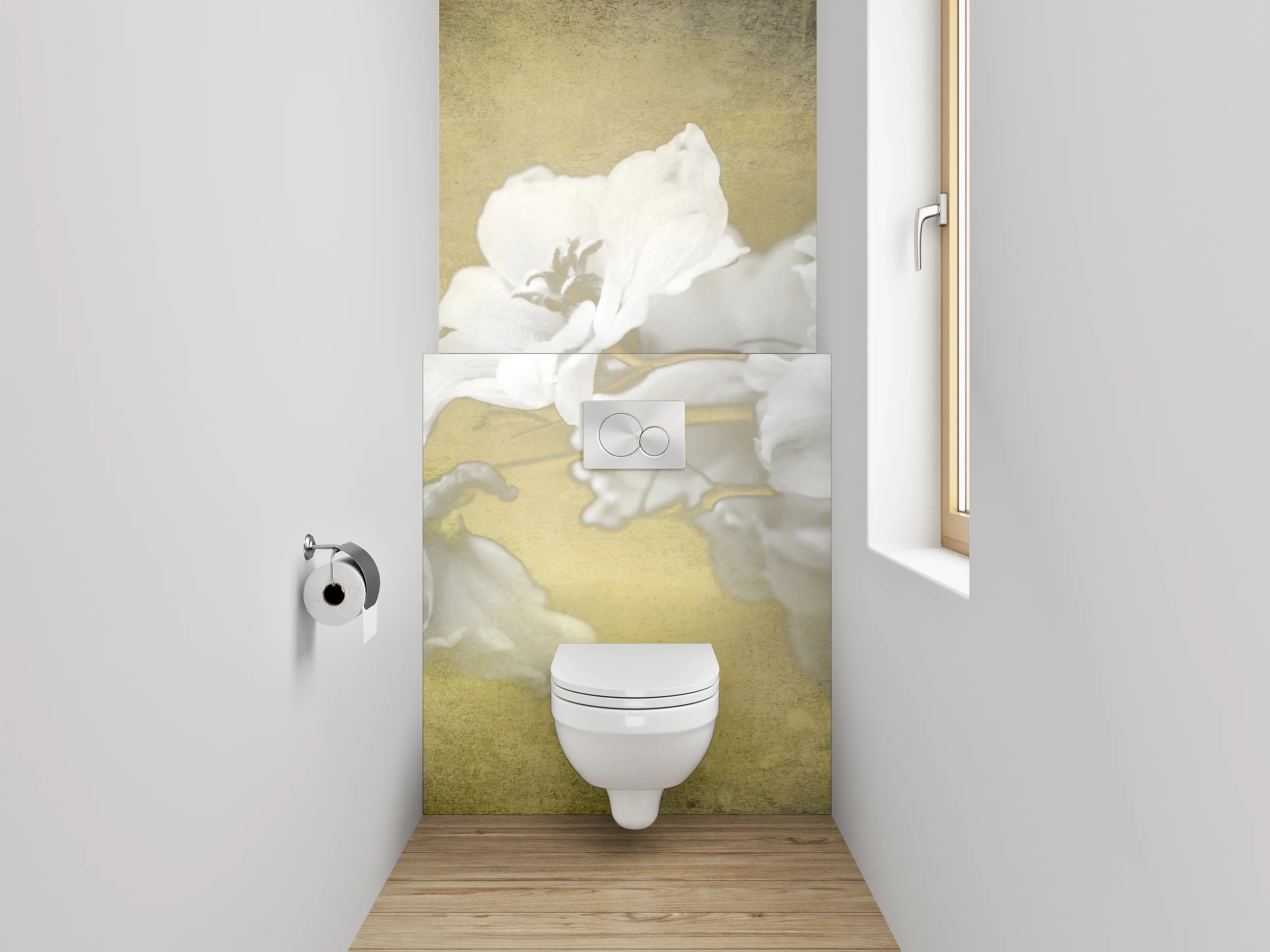 WC-Rückwand - Weiße Vintage-Blume auf sanftem Gelb
