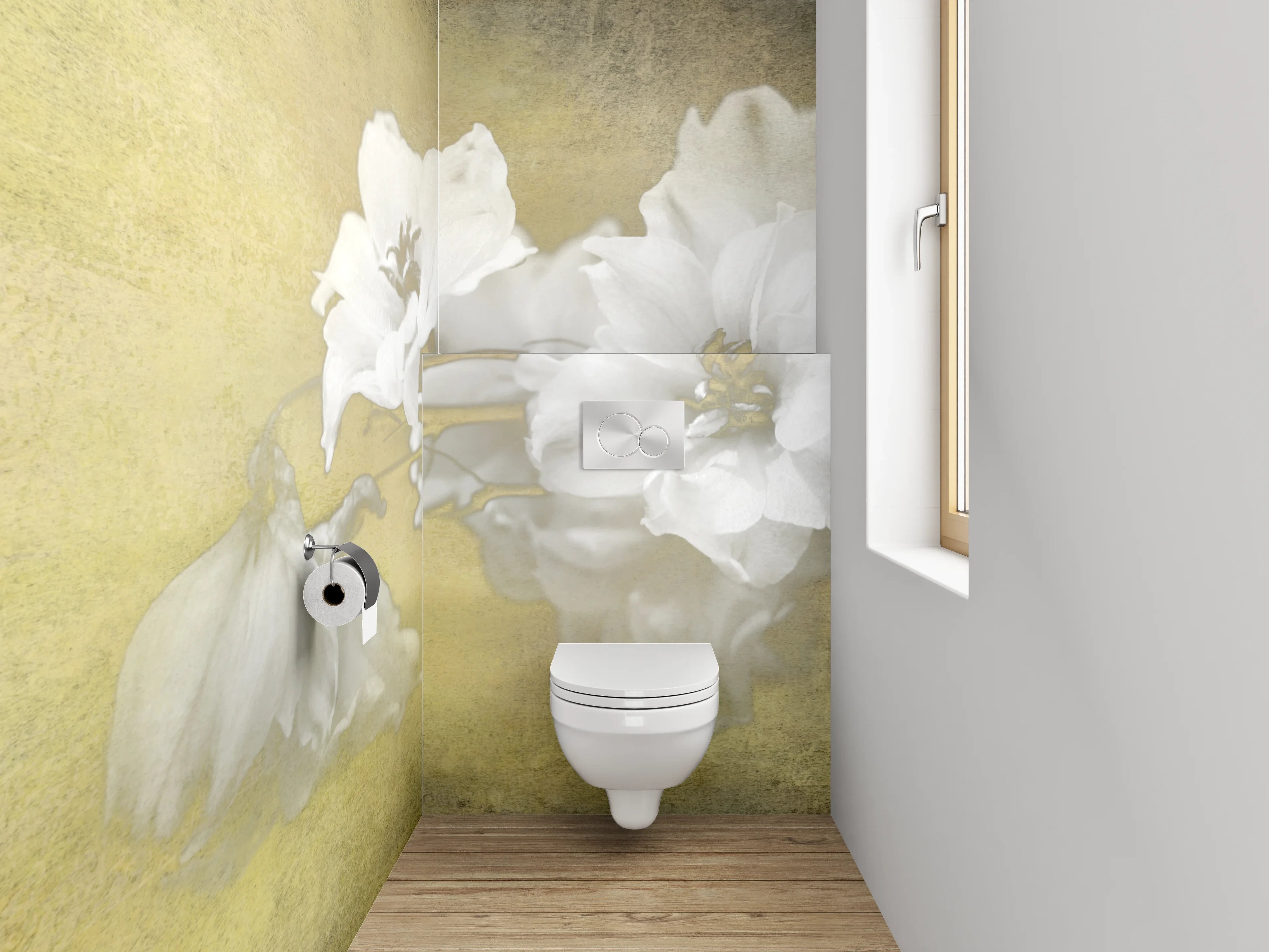 WC-Rückwand - Weiße Vintage-Blume auf sanftem Gelb