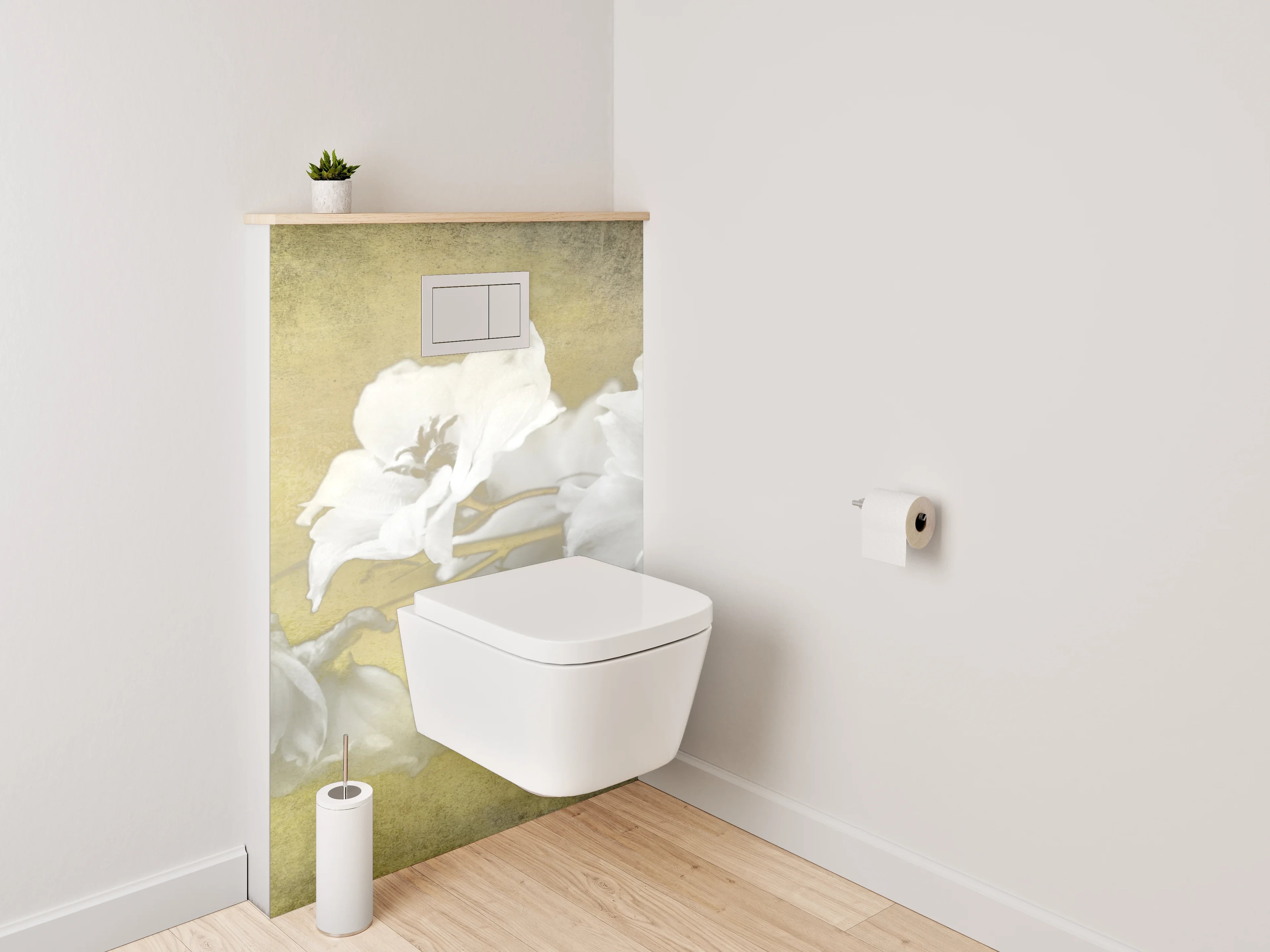 WC-Rückwand - Weiße Vintage-Blume auf sanftem Gelb