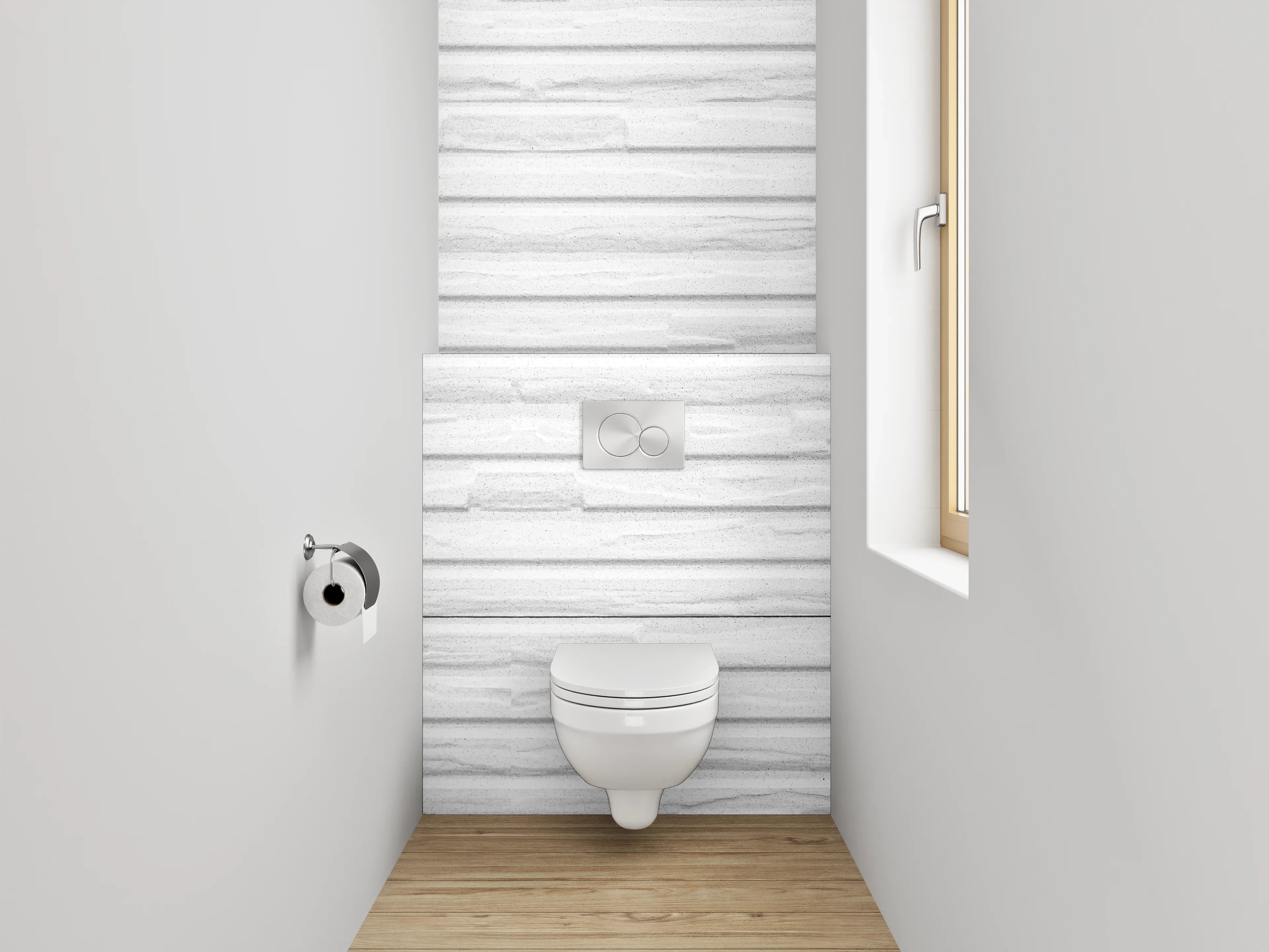 WC-Rückwand - Weiße Wandverkleidung mit dezentem Steindekor