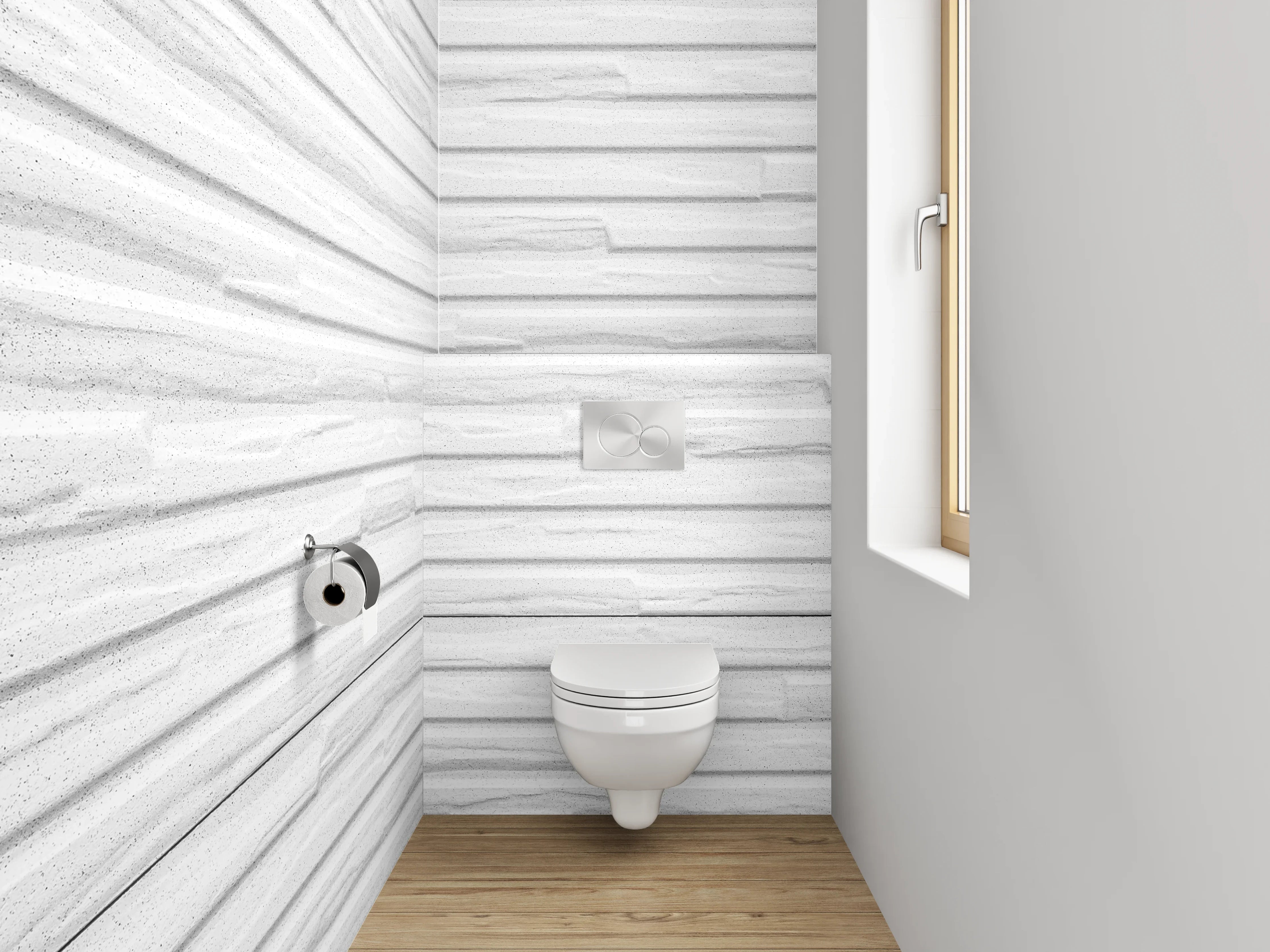 WC-Rückwand - Weiße Wandverkleidung mit dezentem Steindekor