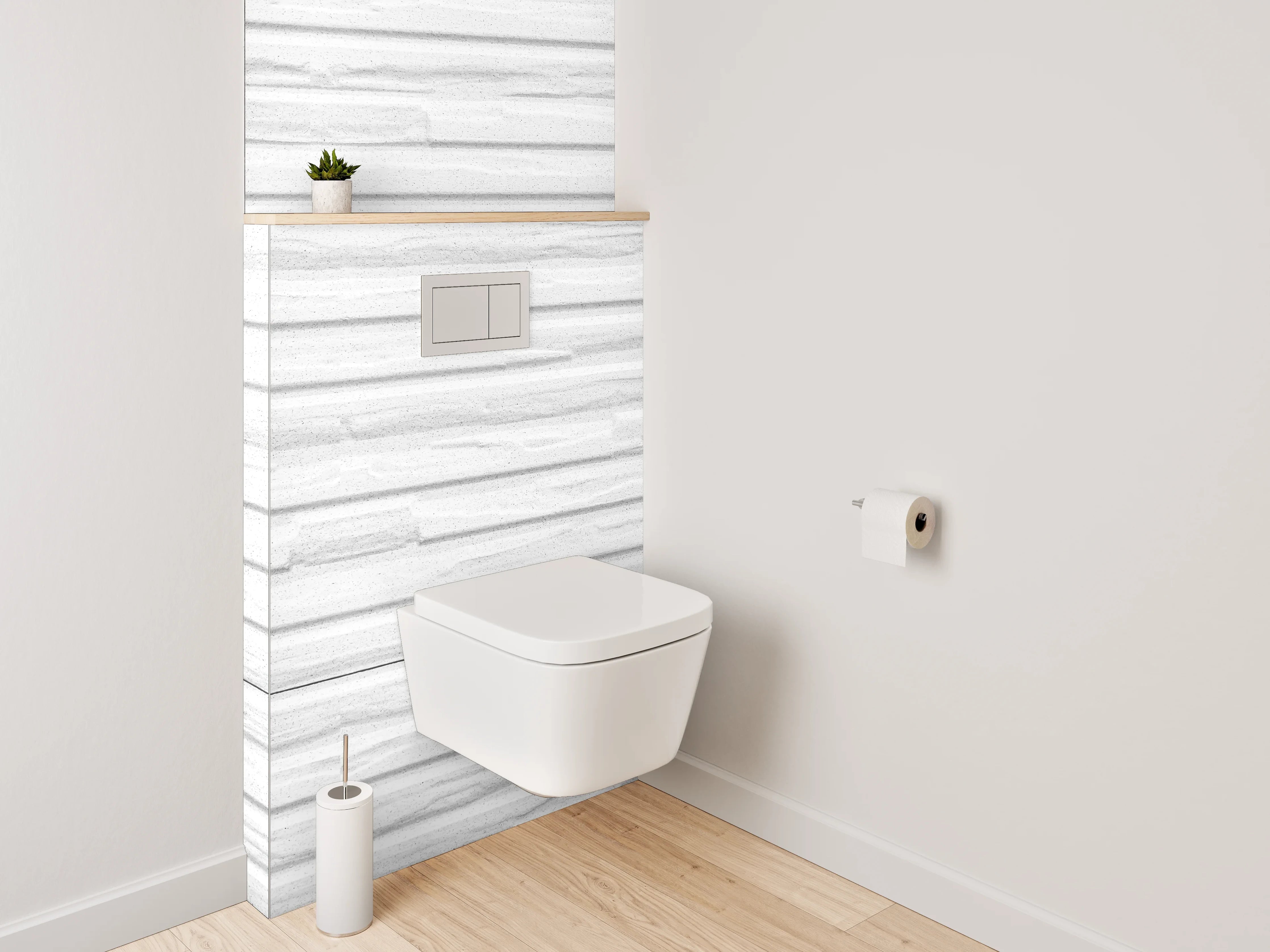 WC-Rückwand - Weiße Wandverkleidung mit dezentem Steindekor