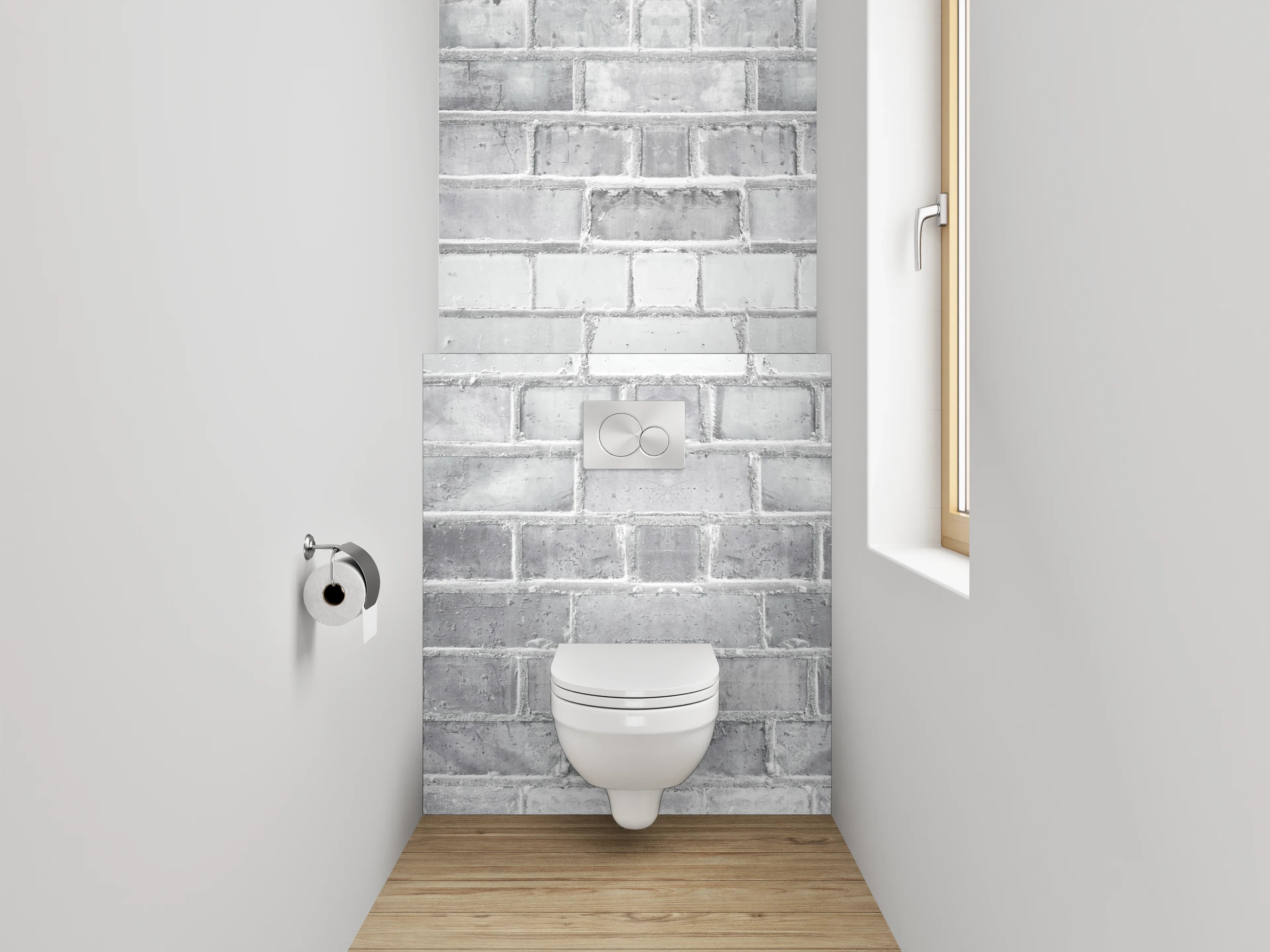 WC-Rückwand - Weiße Ziegelwand in Beton-Optik