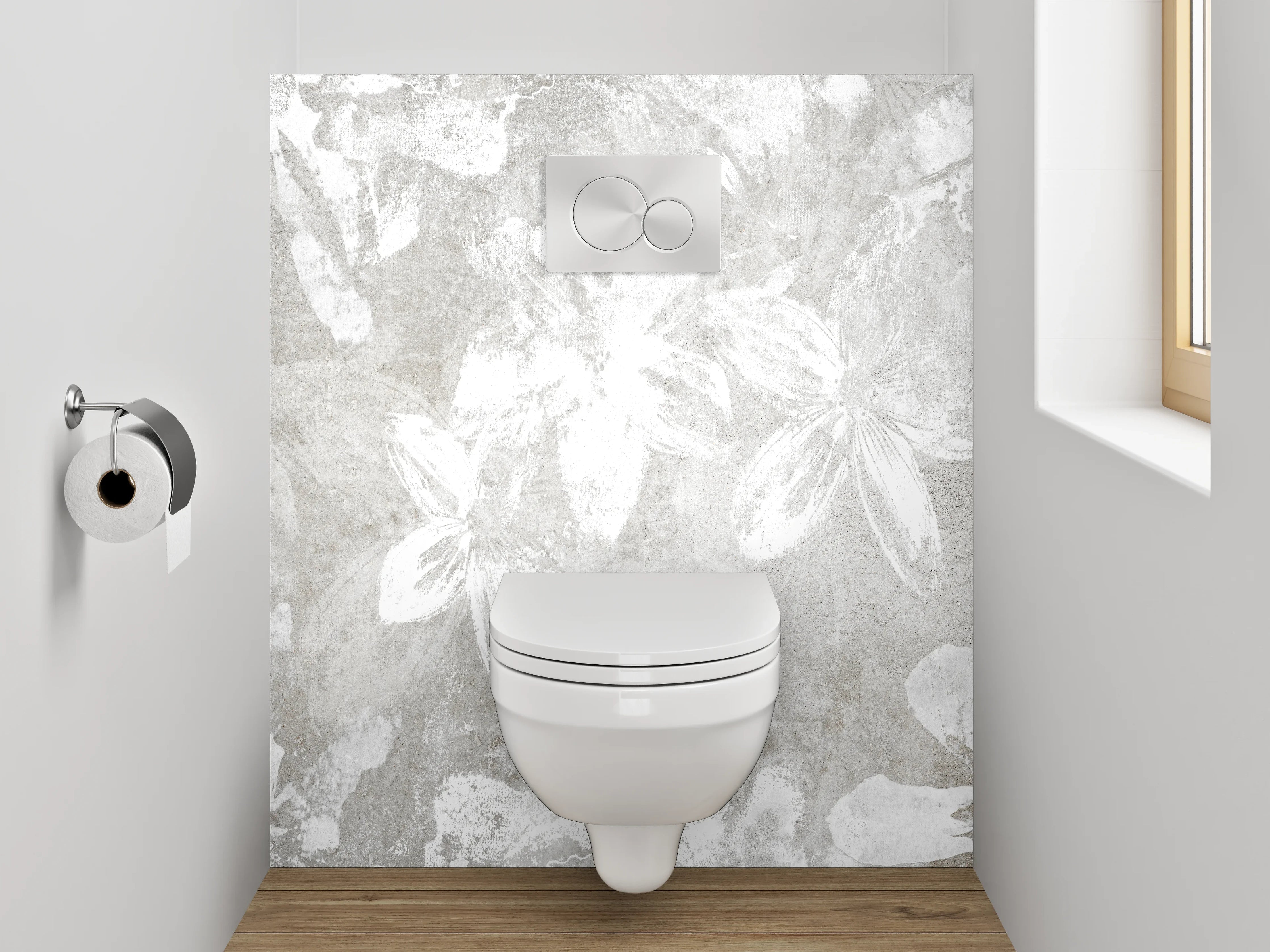 WC-Rückwand - Weiße florale Beton-Optik Blütenwand