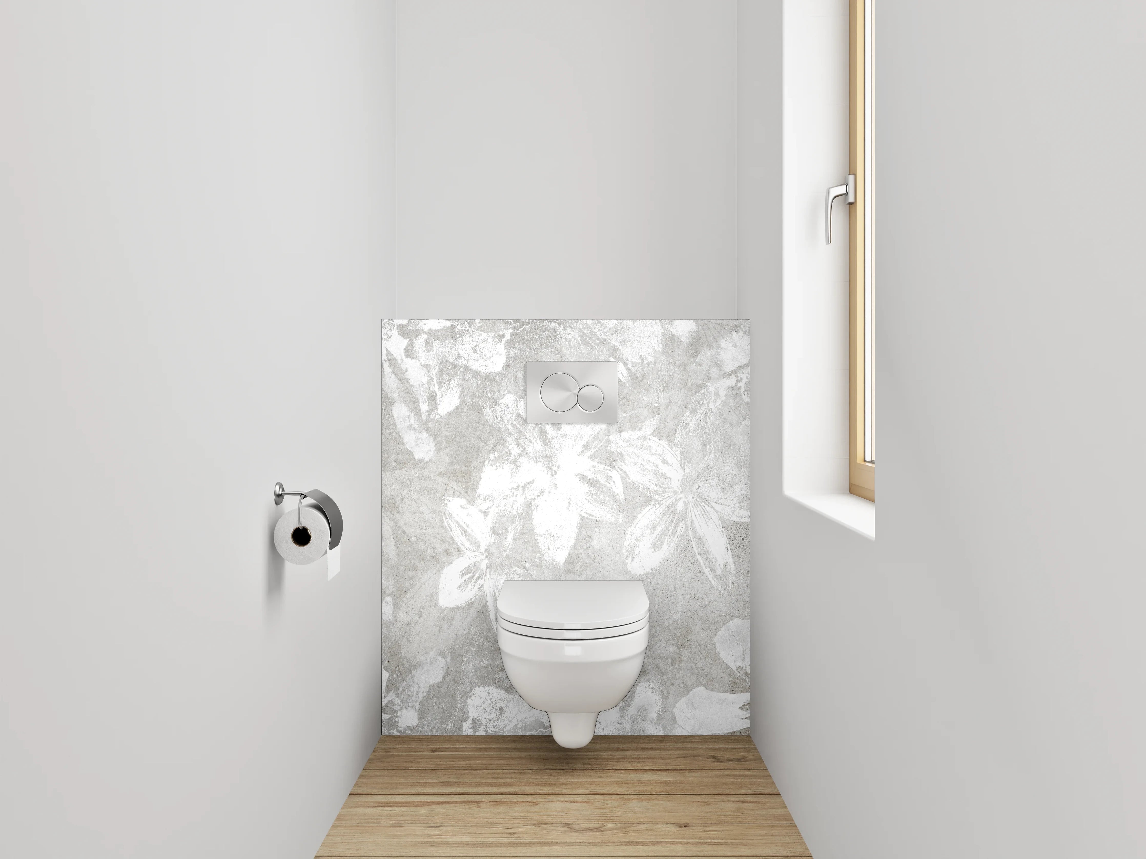 WC-Rückwand - Weiße florale Beton-Optik Blütenwand