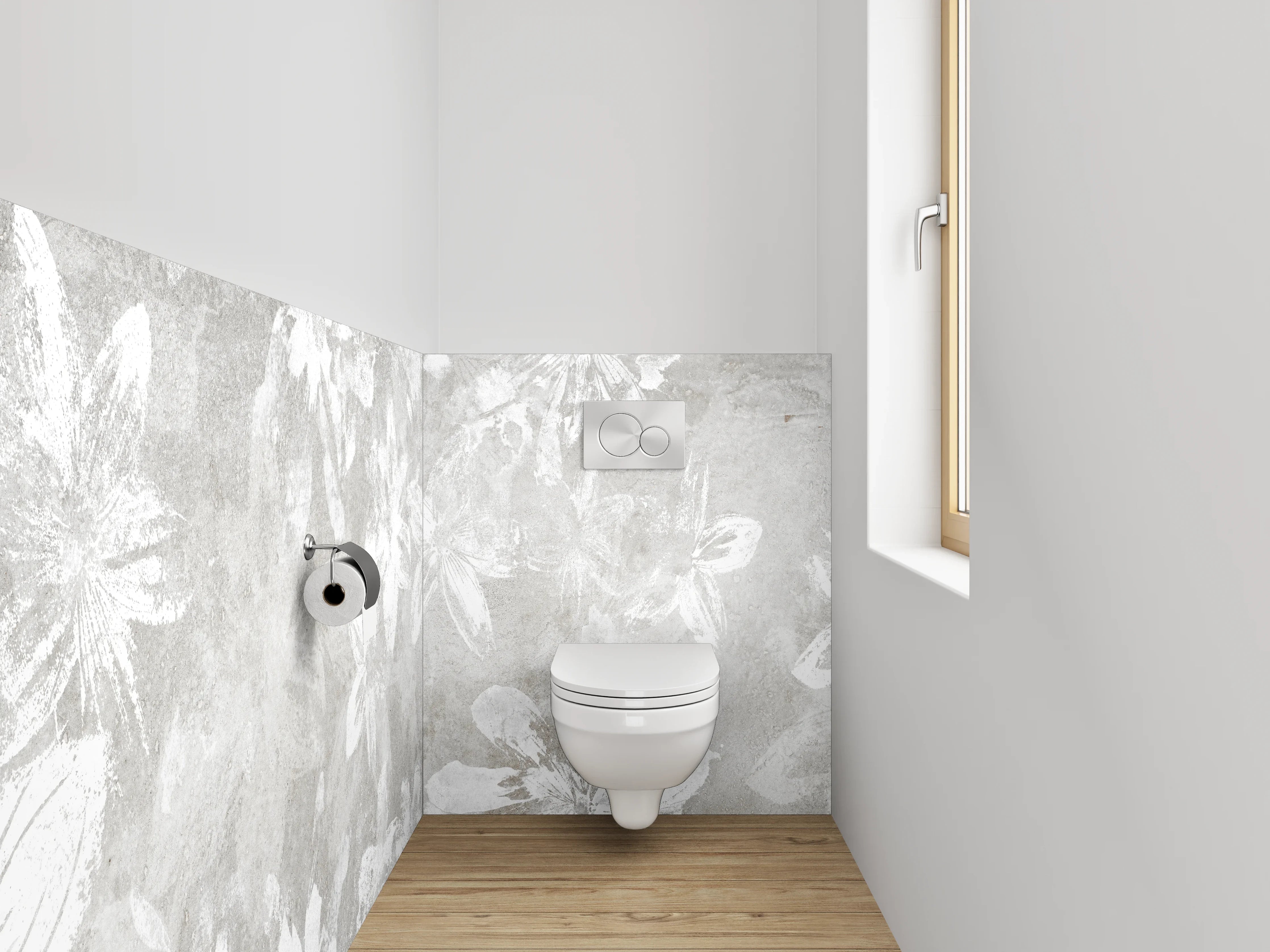 WC-Rückwand - Weiße florale Beton-Optik Blütenwand