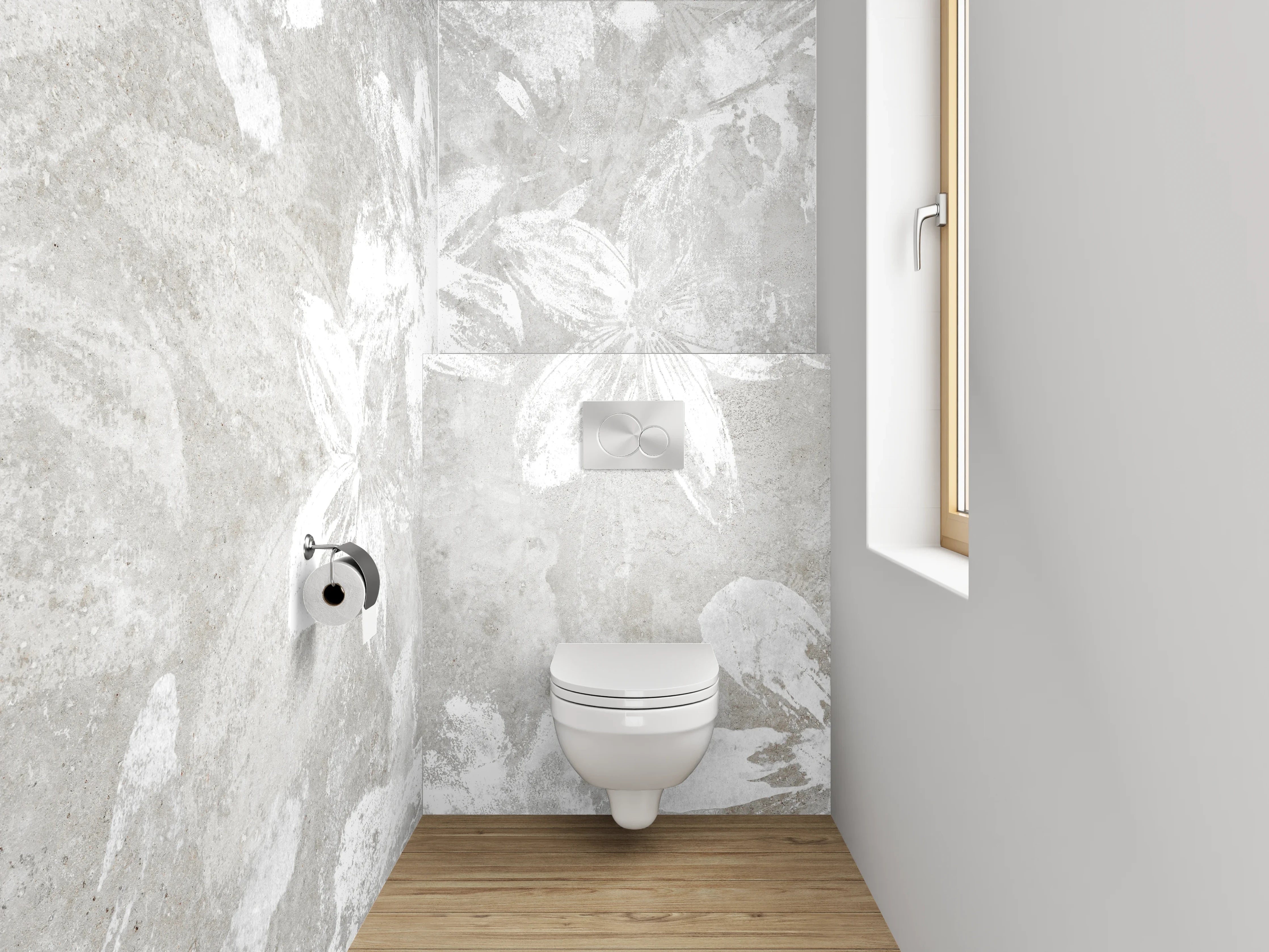 WC-Rückwand - Weiße florale Beton-Optik Blütenwand