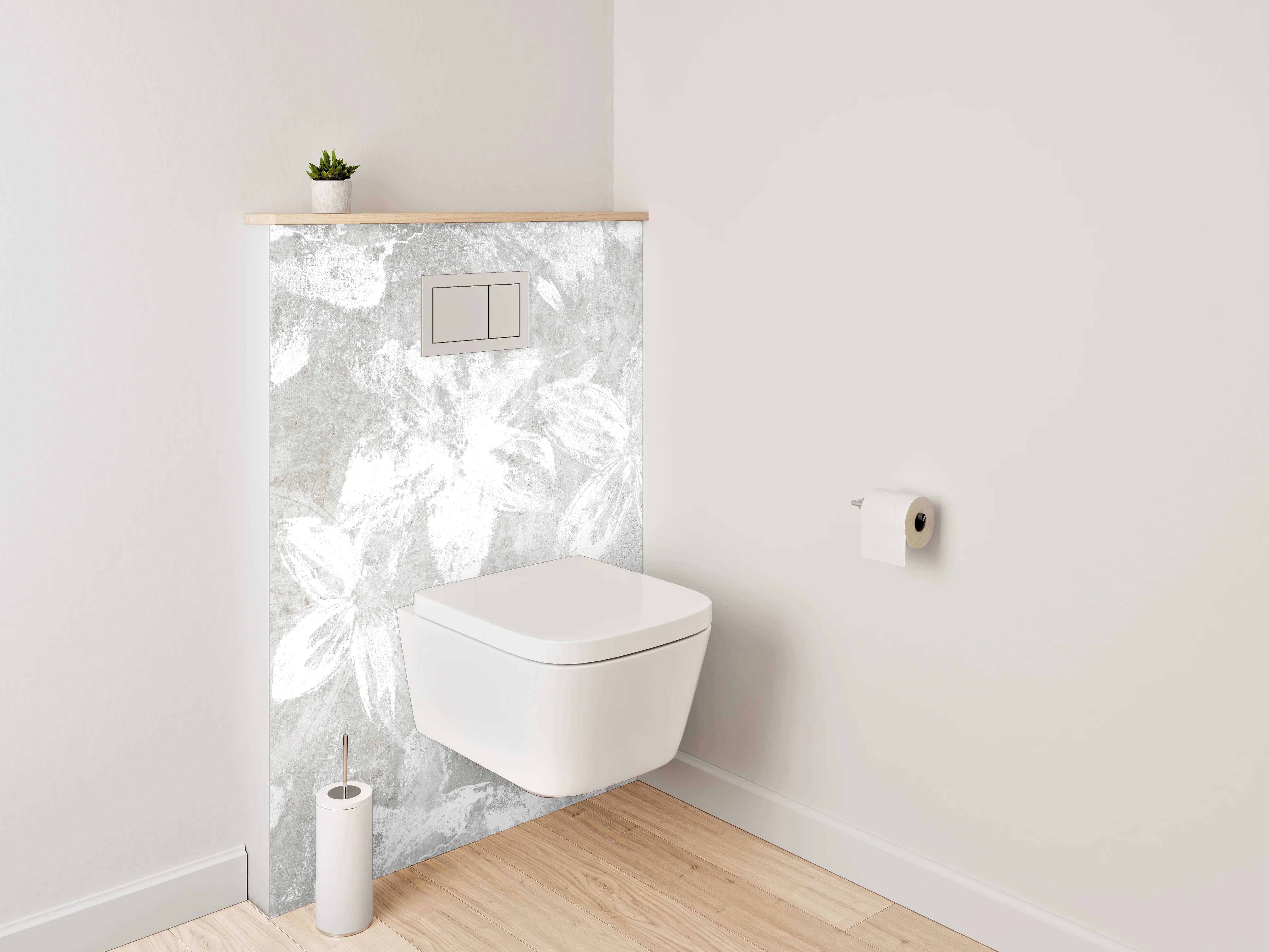 WC-Rückwand - Weiße florale Beton-Optik Blütenwand