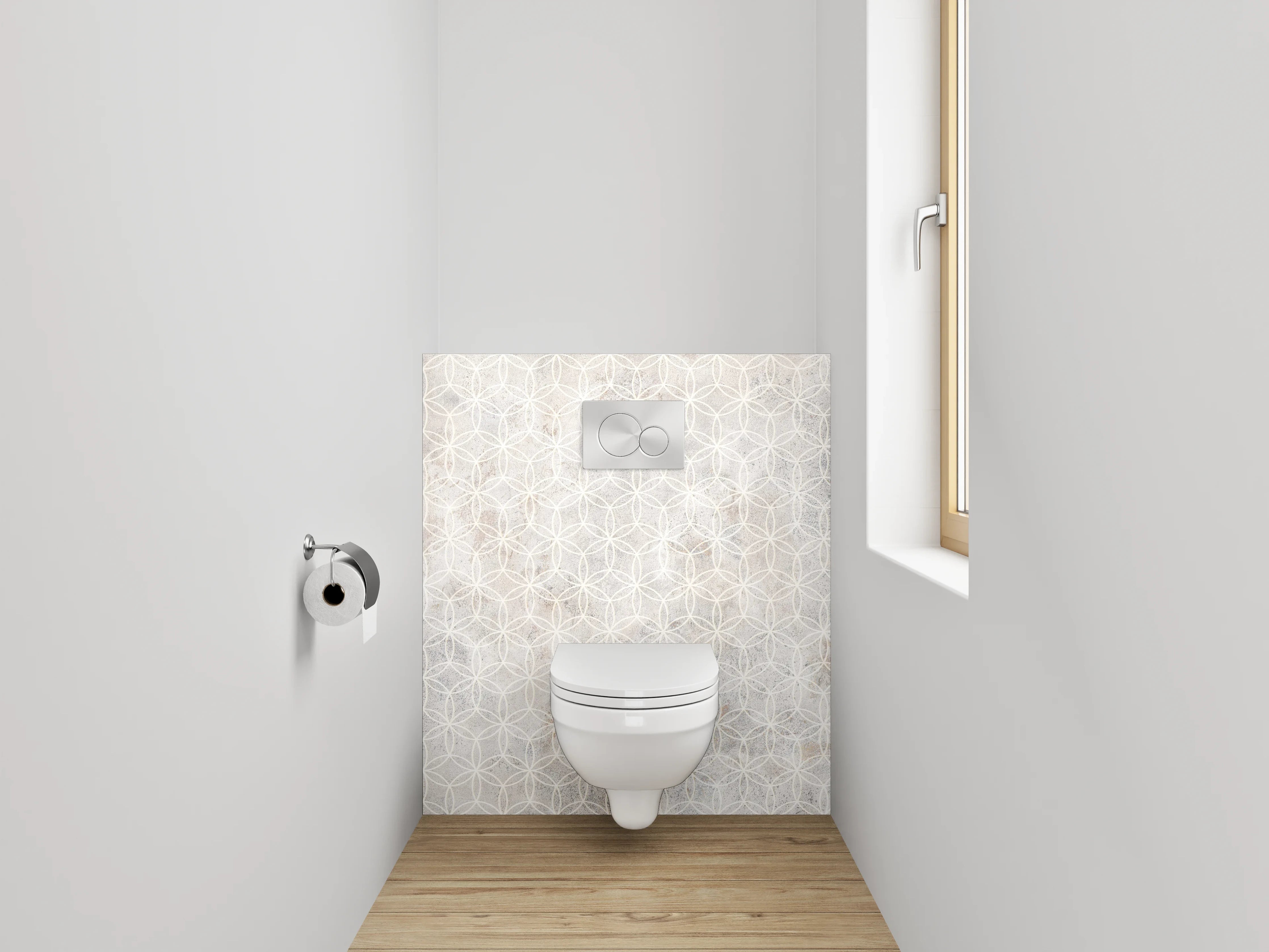 WC-Rückwand - Weiße und Beigeton-Muster mit geometrischen Formen