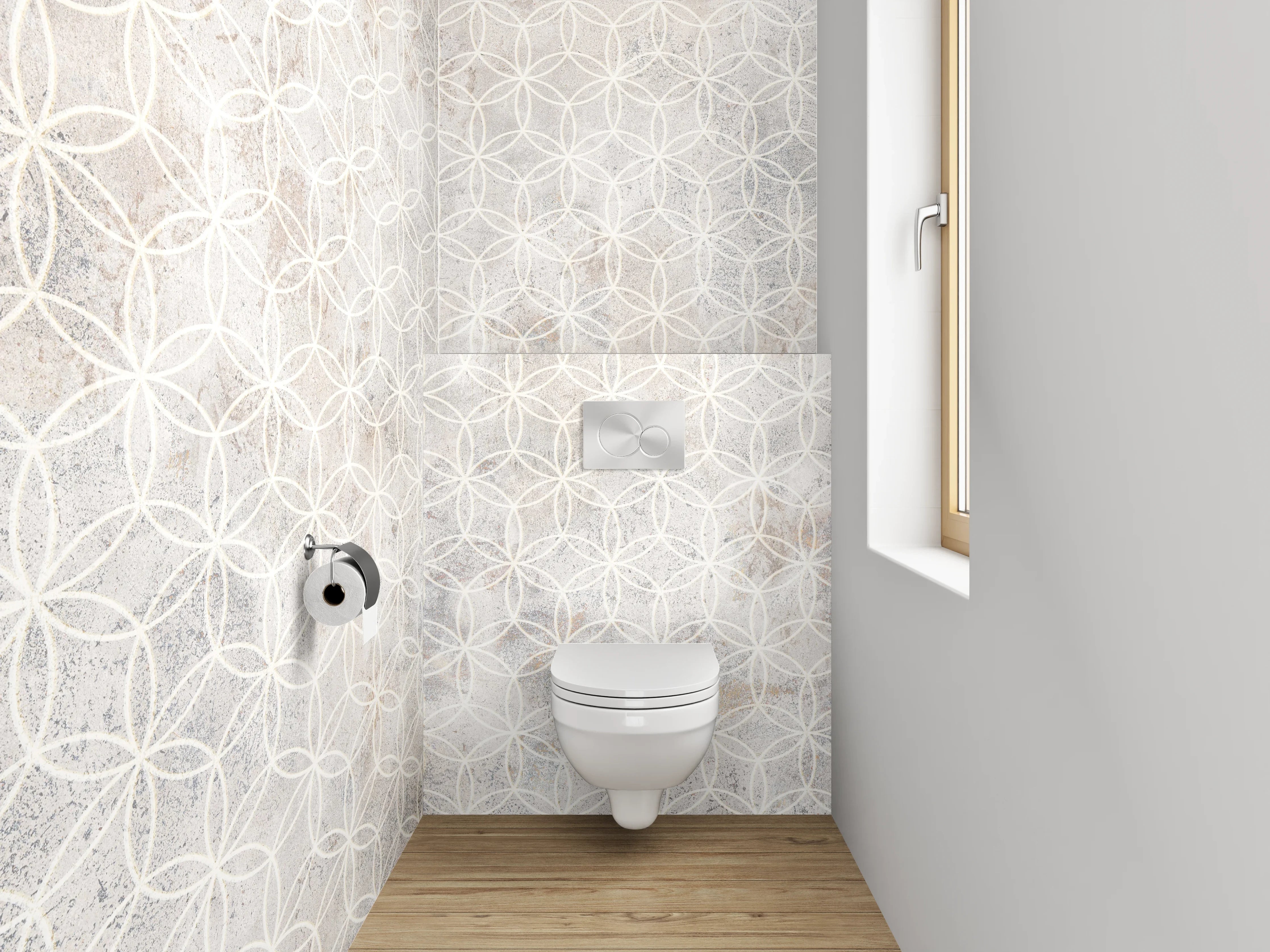 WC-Rückwand - Weiße und Beigeton-Muster mit geometrischen Formen