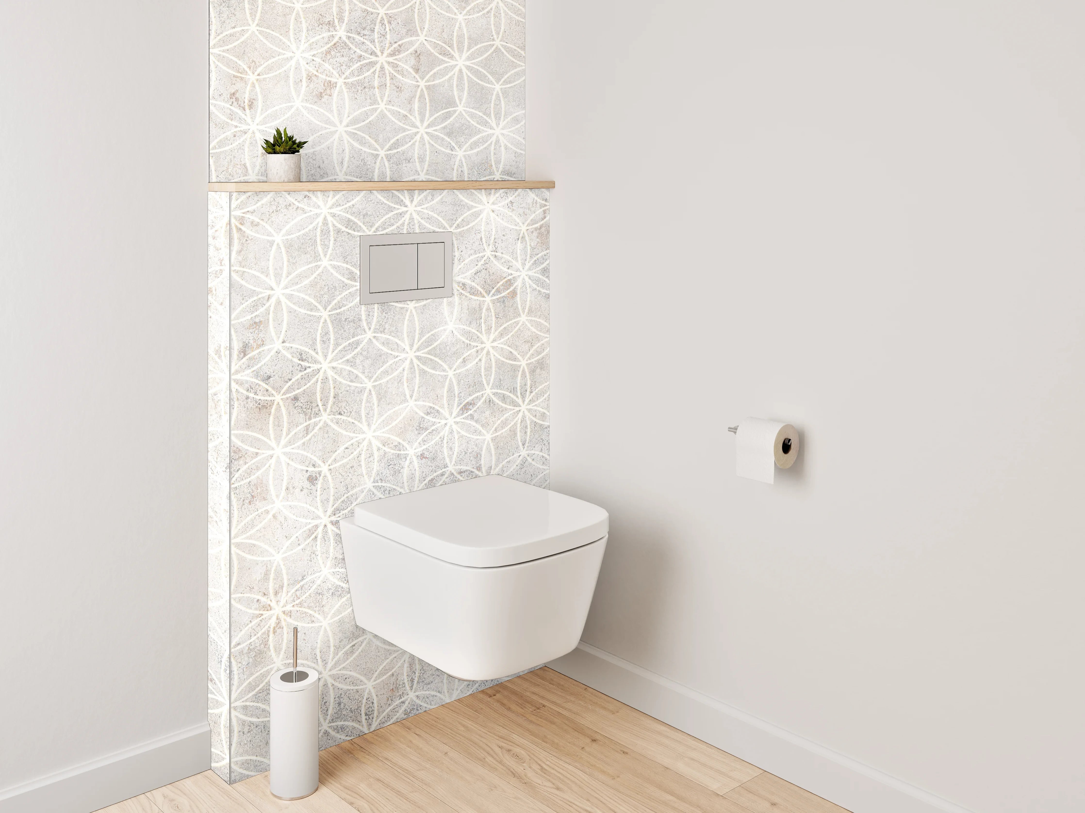 WC-Rückwand - Weiße und Beigeton-Muster mit geometrischen Formen