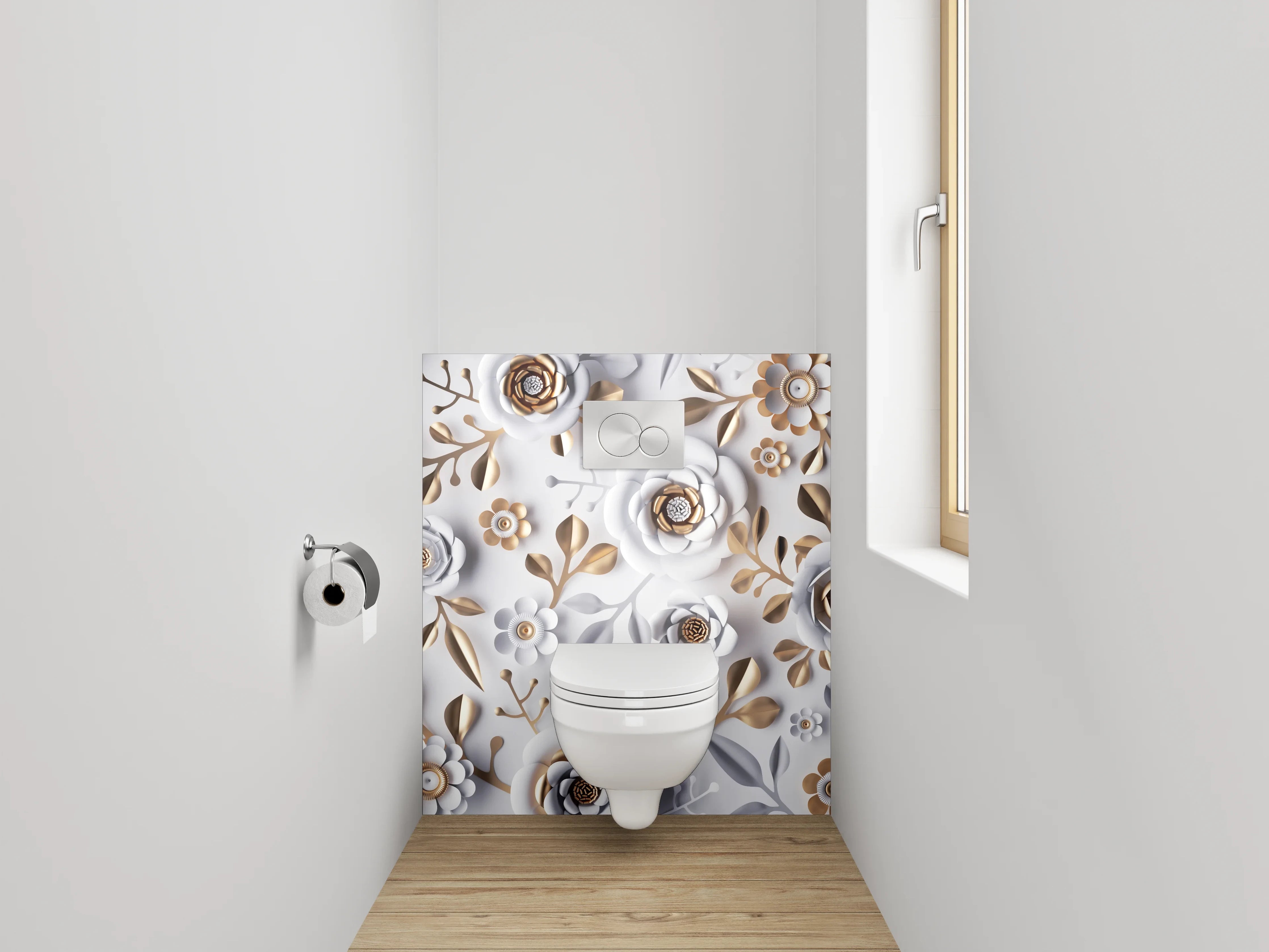 WC-Rückwand - Weiße und Goldene Blumen-Blumenmuster