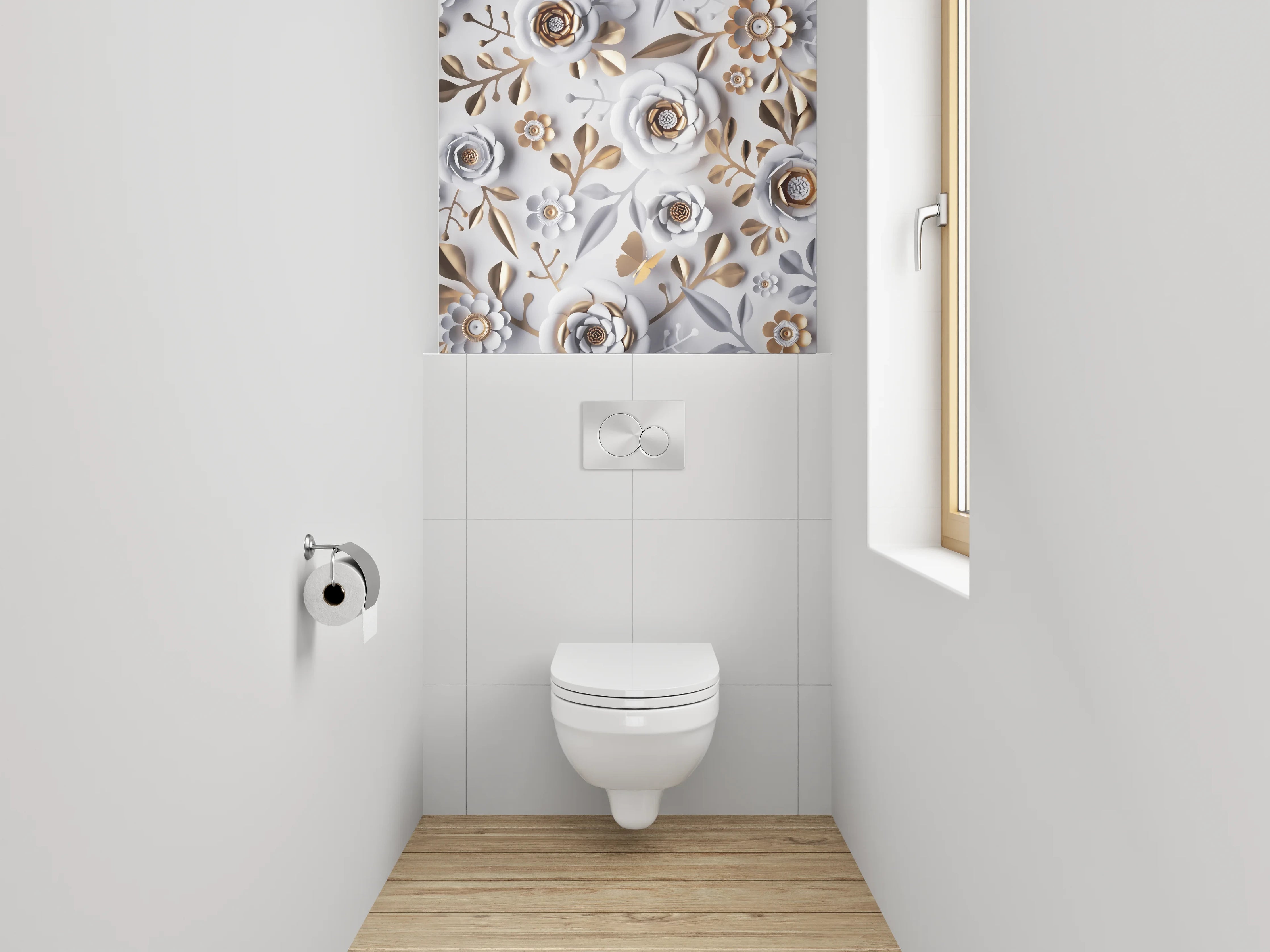 WC-Rückwand - Weiße und Goldene Blumen-Blumenmuster