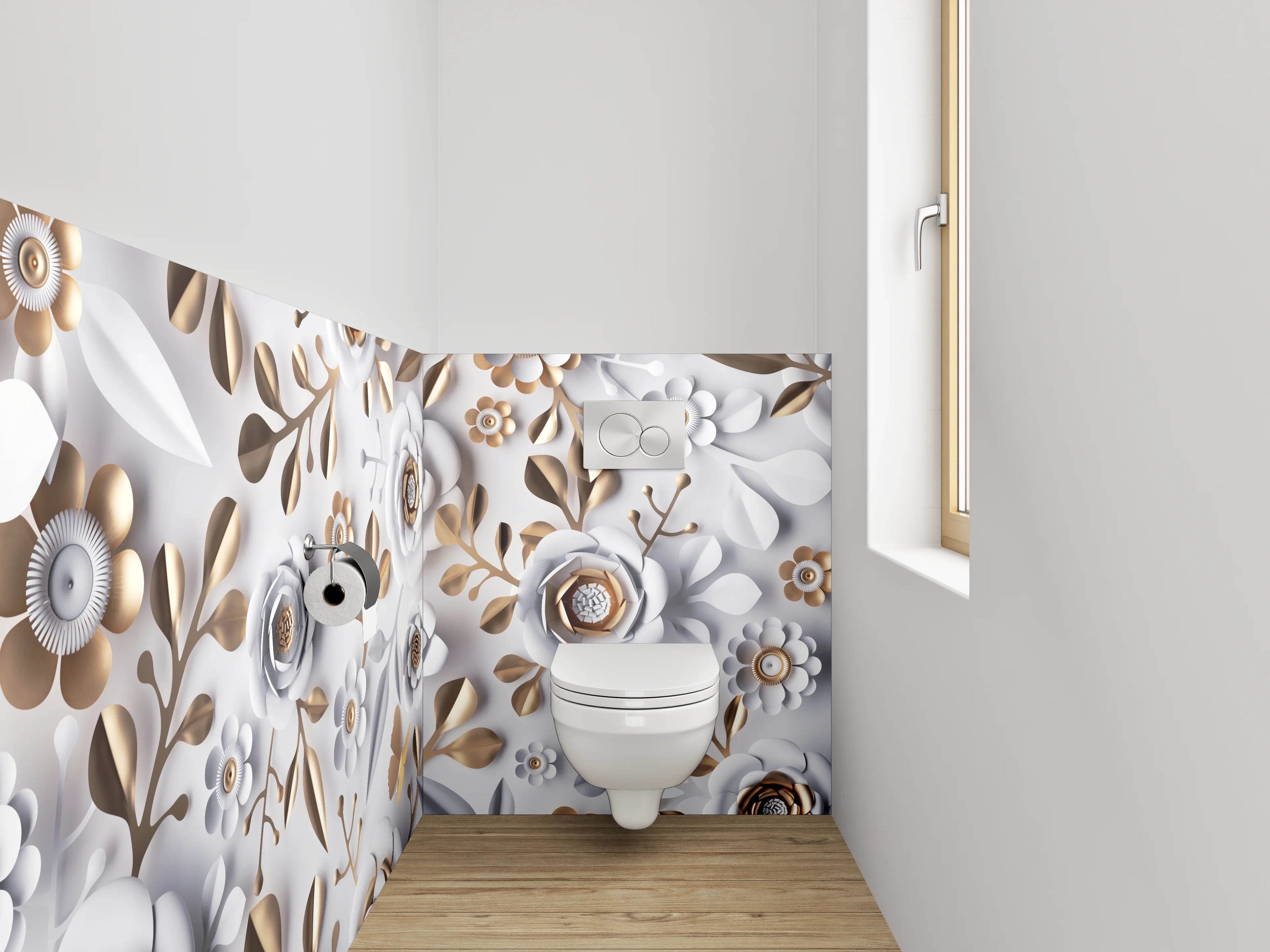 WC-Rückwand - Weiße und Goldene Blumen-Blumenmuster