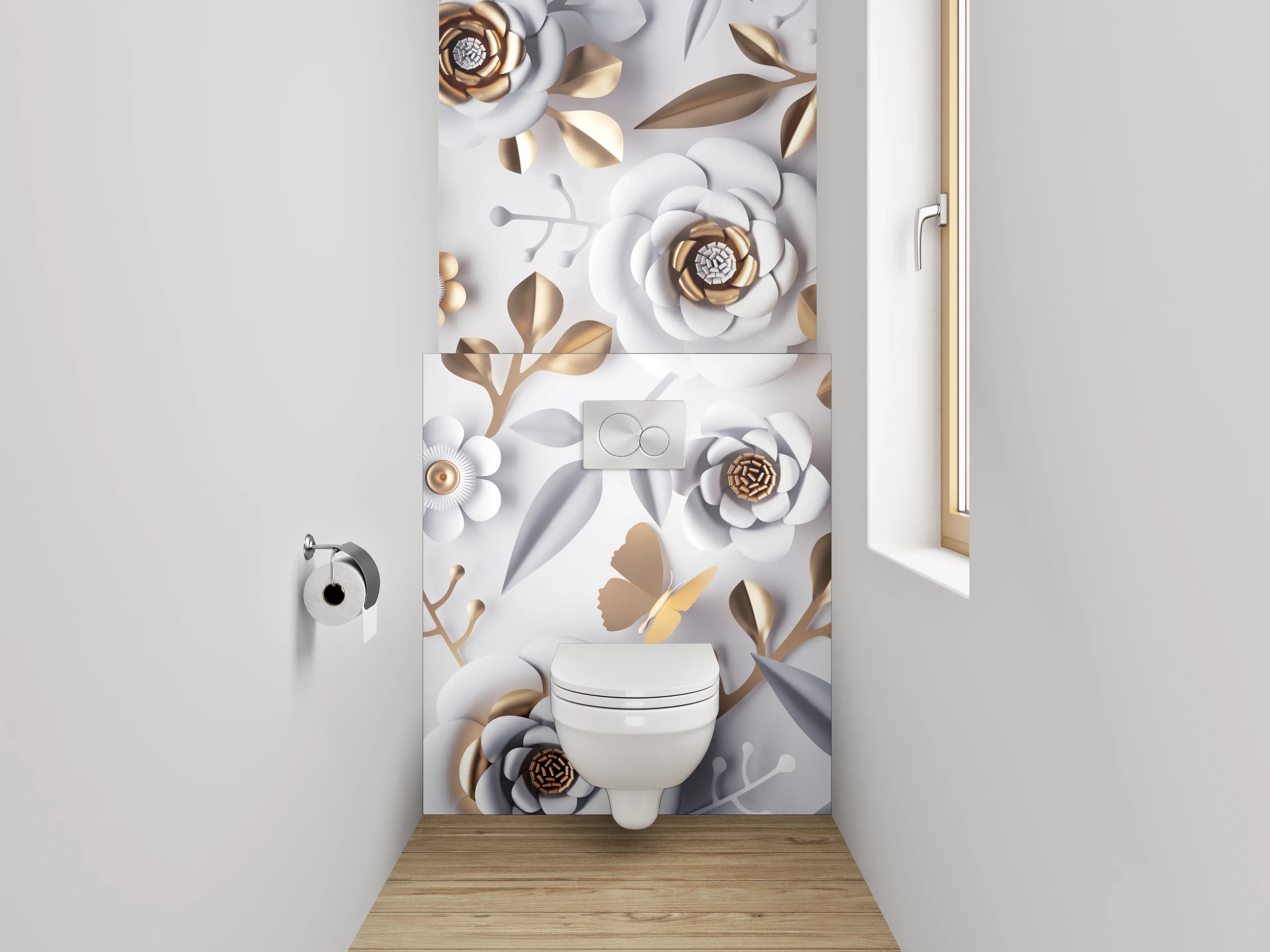 WC-Rückwand - Weiße und Goldene Blumen-Blumenmuster