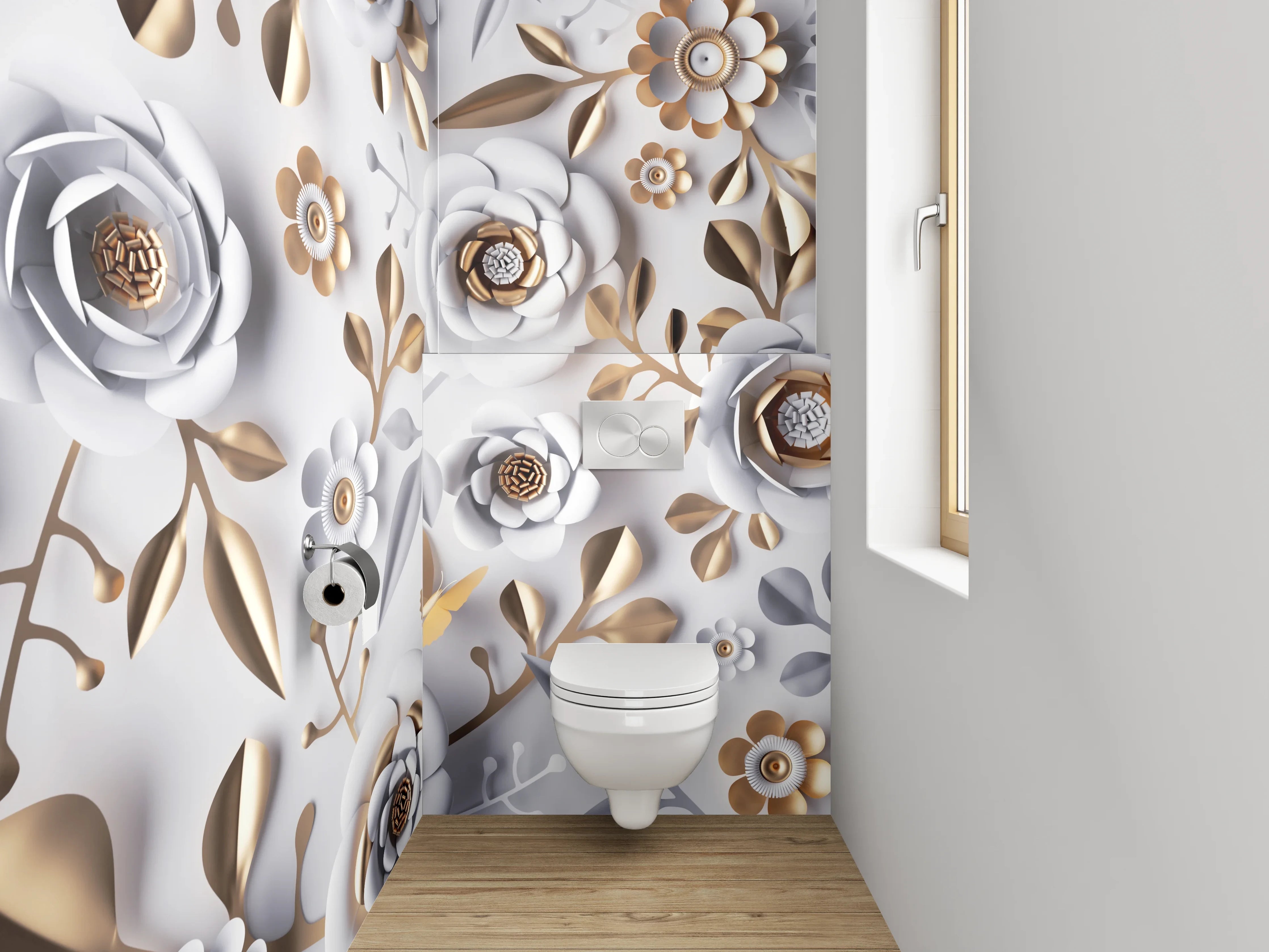 WC-Rückwand - Weiße und Goldene Blumen-Blumenmuster