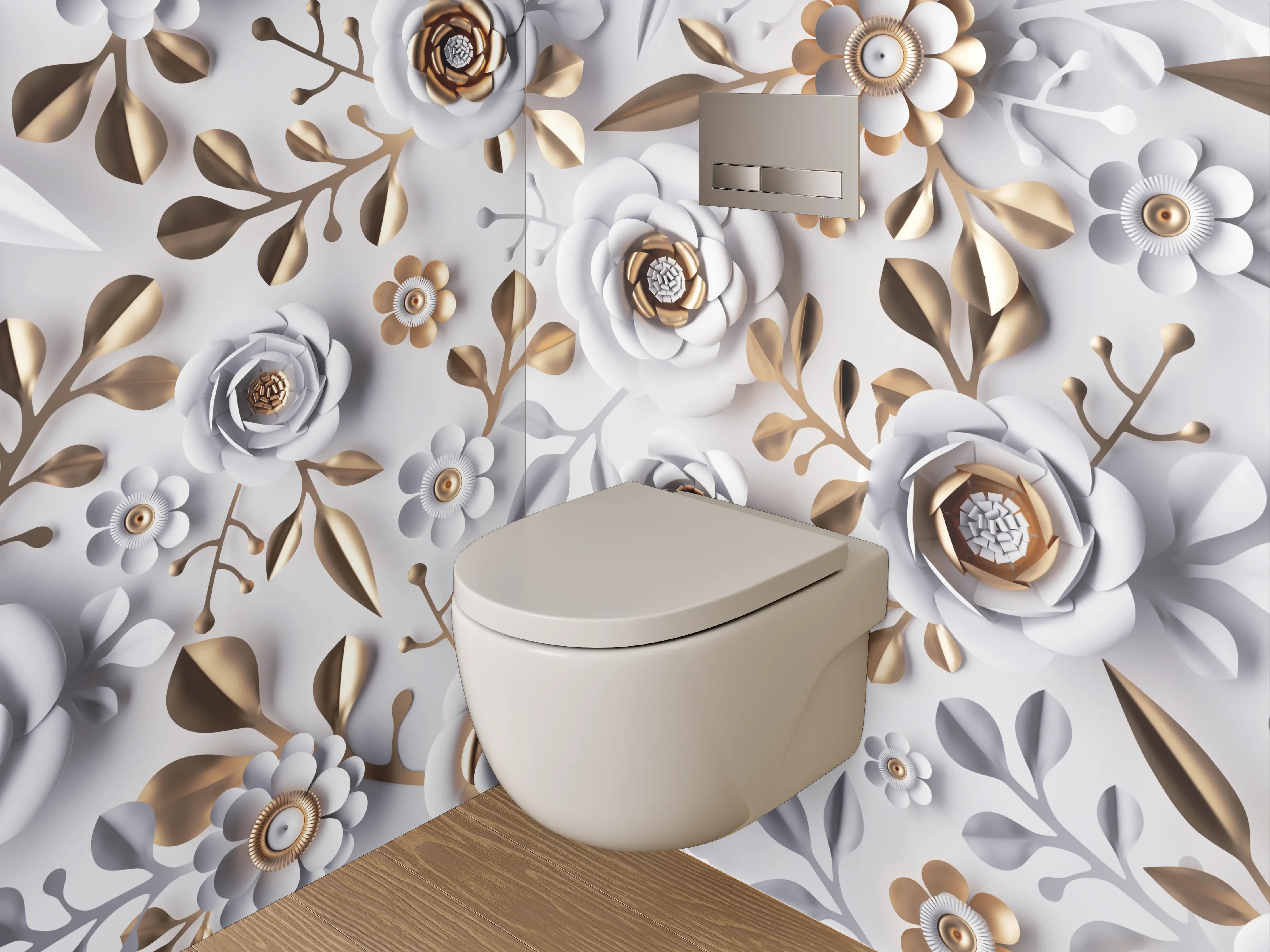 WC-Rückwand - Weiße und Goldene Blumen-Blumenmuster