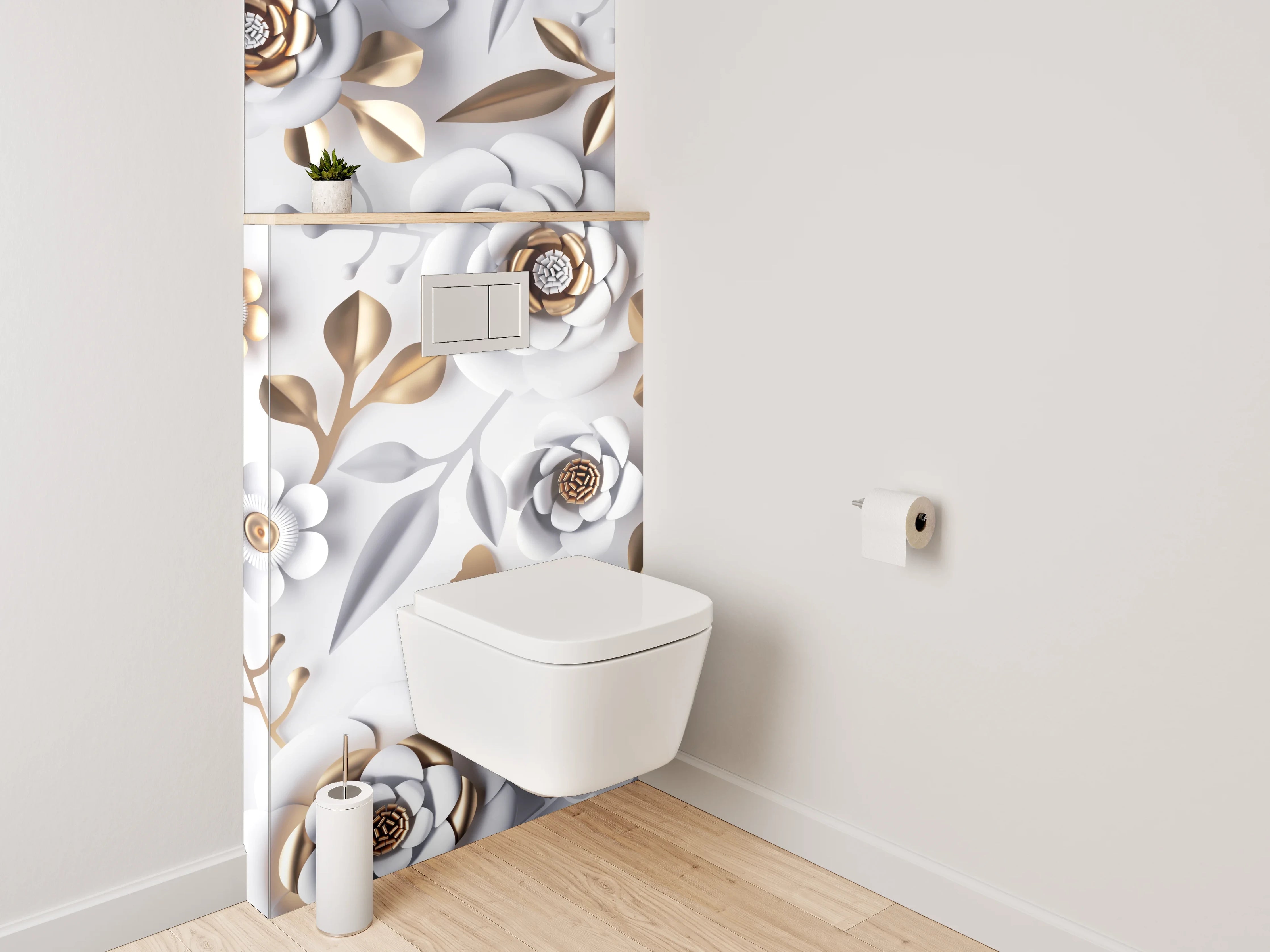 WC-Rückwand - Weiße und Goldene Blumen-Blumenmuster