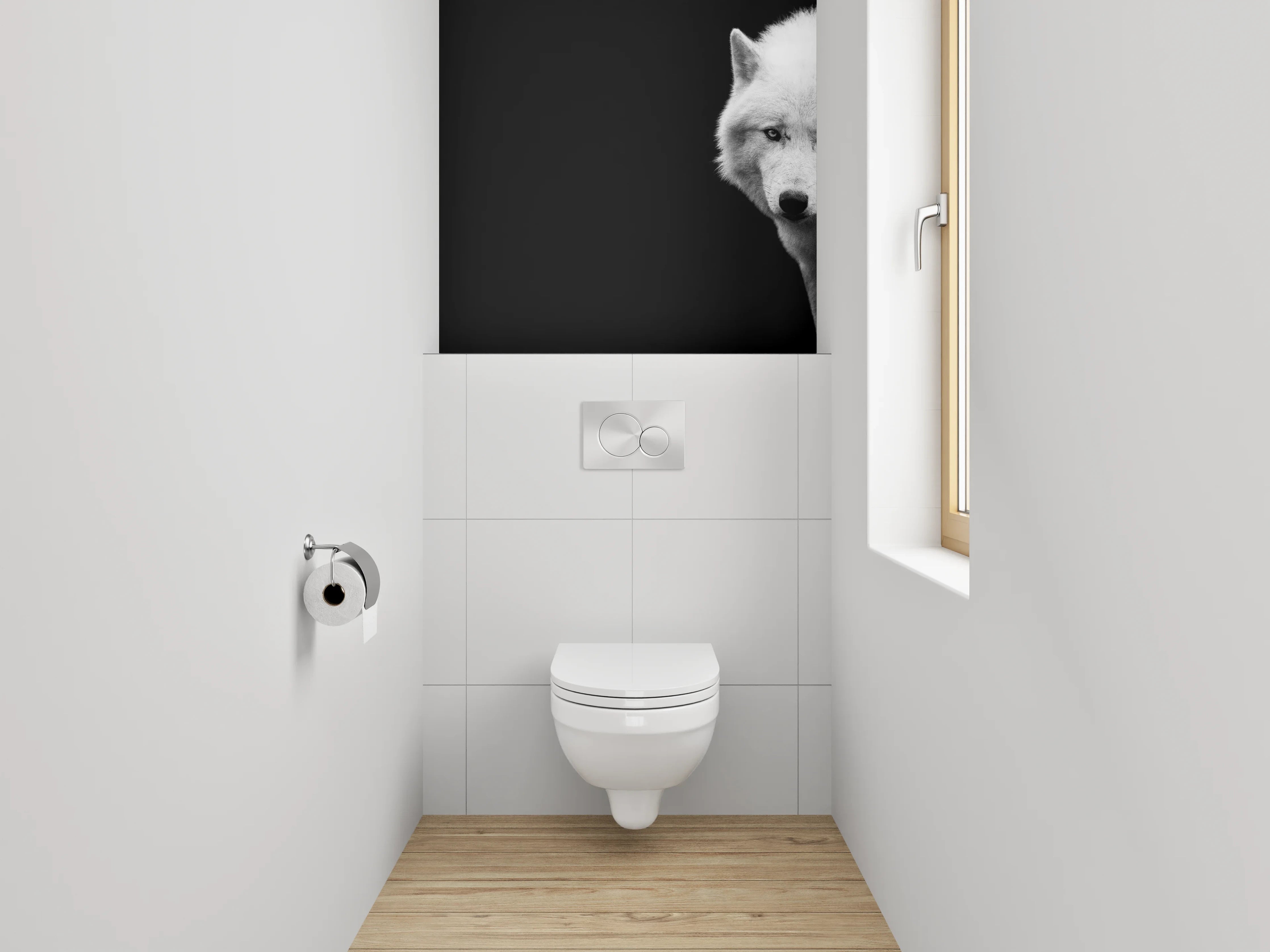 WC-Rückwand - Weißer Wolf auf schwarzem Hintergrund