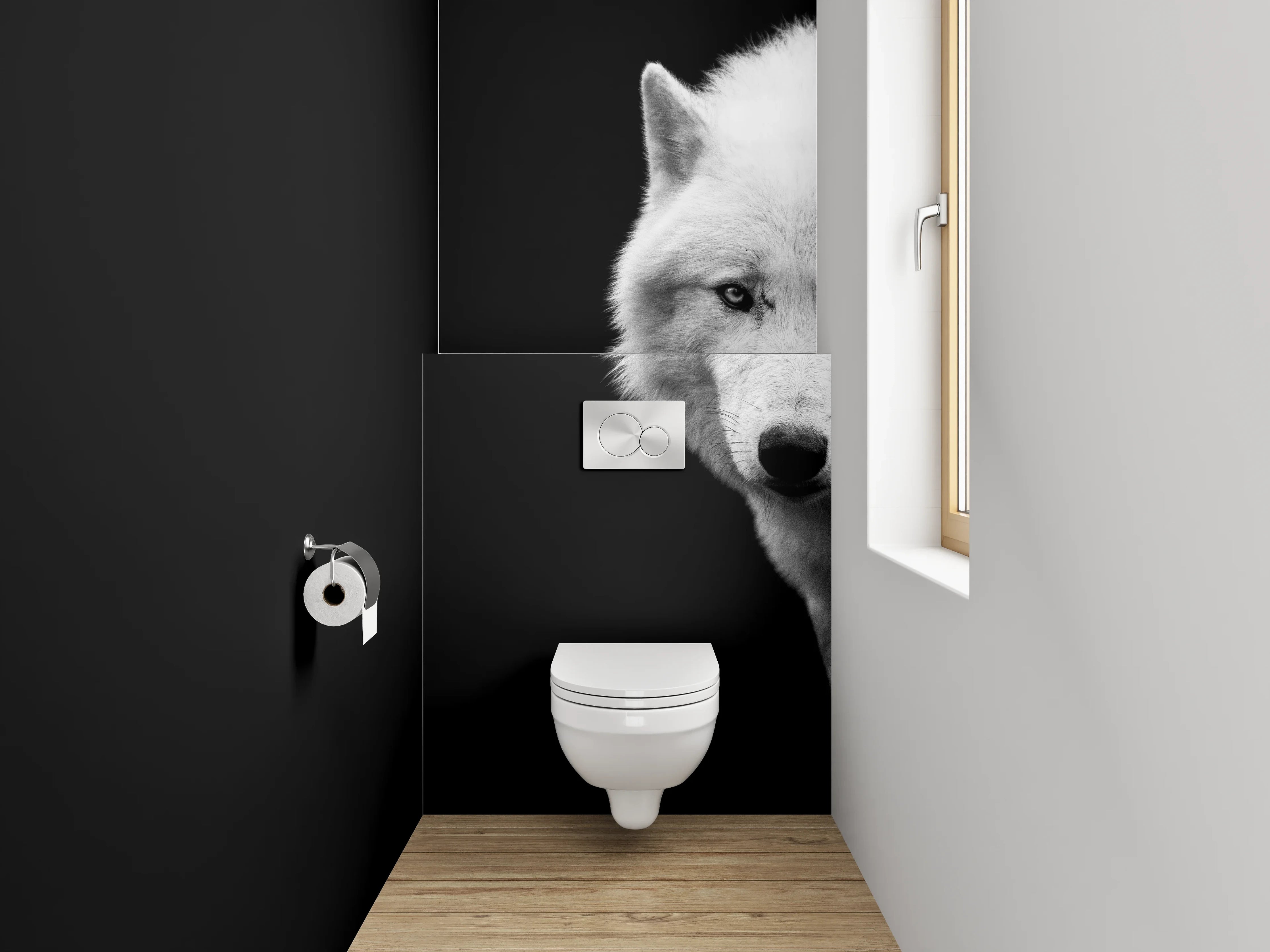 WC-Rückwand - Weißer Wolf auf schwarzem Hintergrund