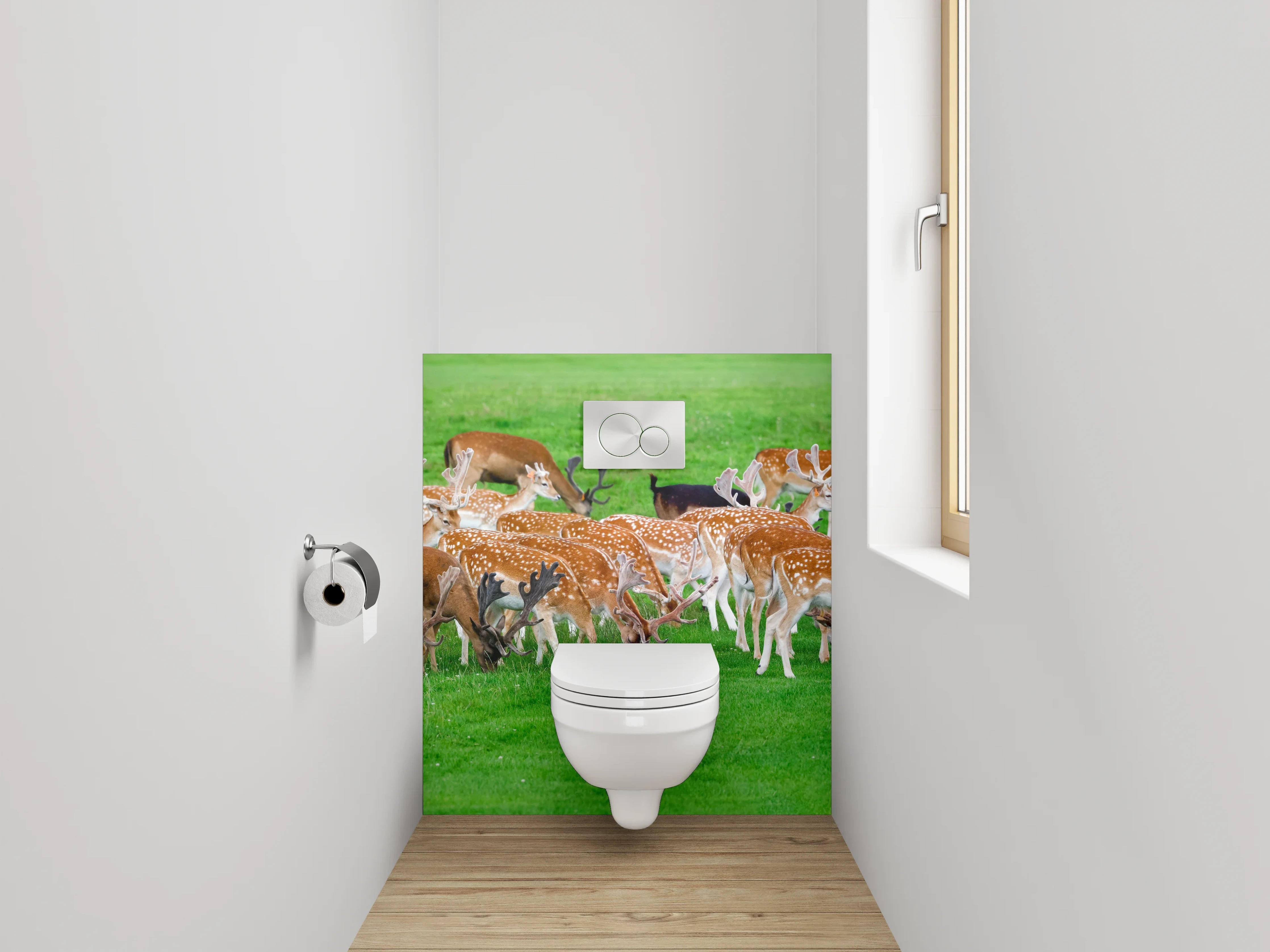 WC-Rückwand - Wild lebende Damhirsche auf grüner Wiese